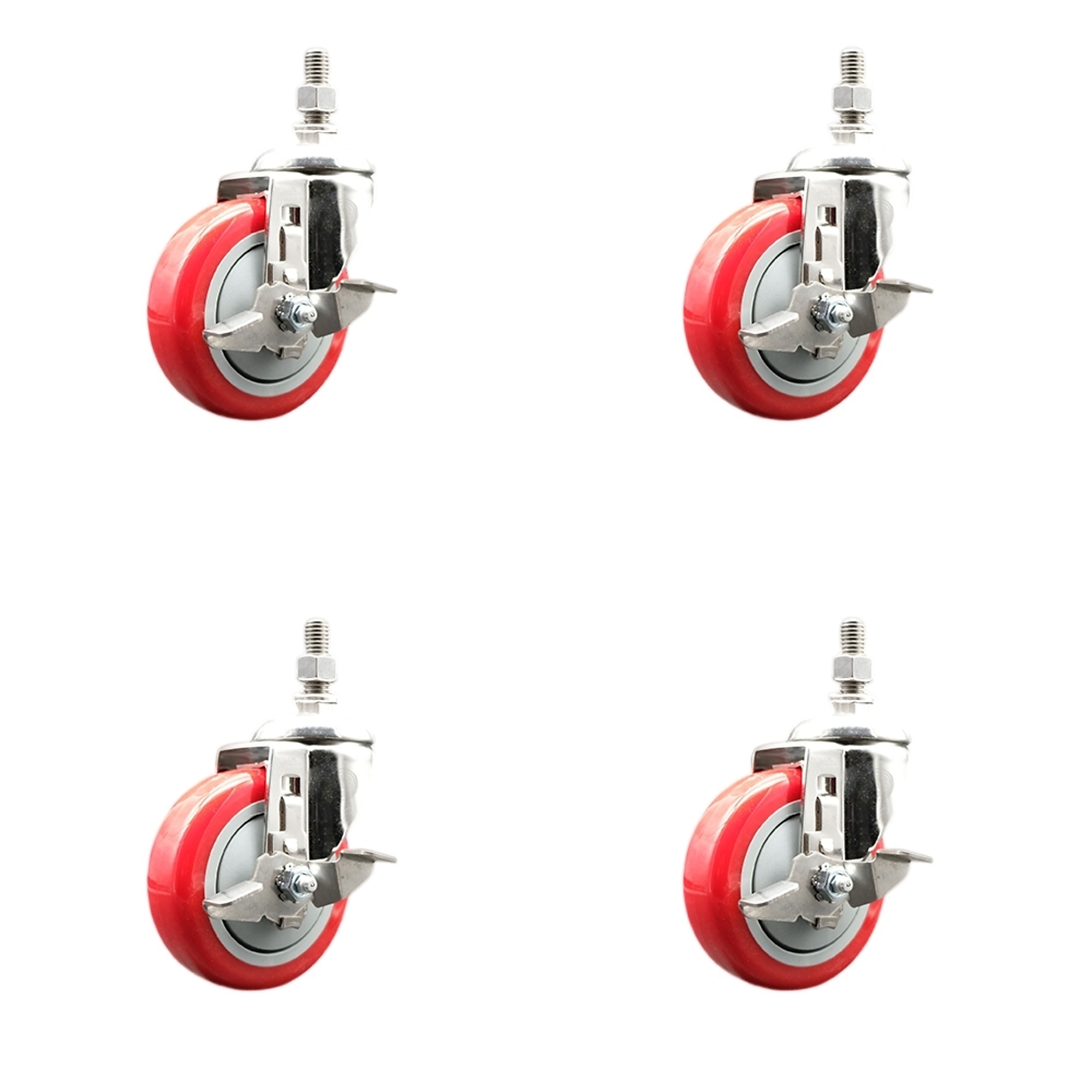 Service Caster, 4Inch x 1 1/4Inch Stem Casters, Wheel Diameter 4 in, Caster Type Swivel, Package (qty.) 4, Model SS316TS20S414-PPUB-RED-TLB-381615-4