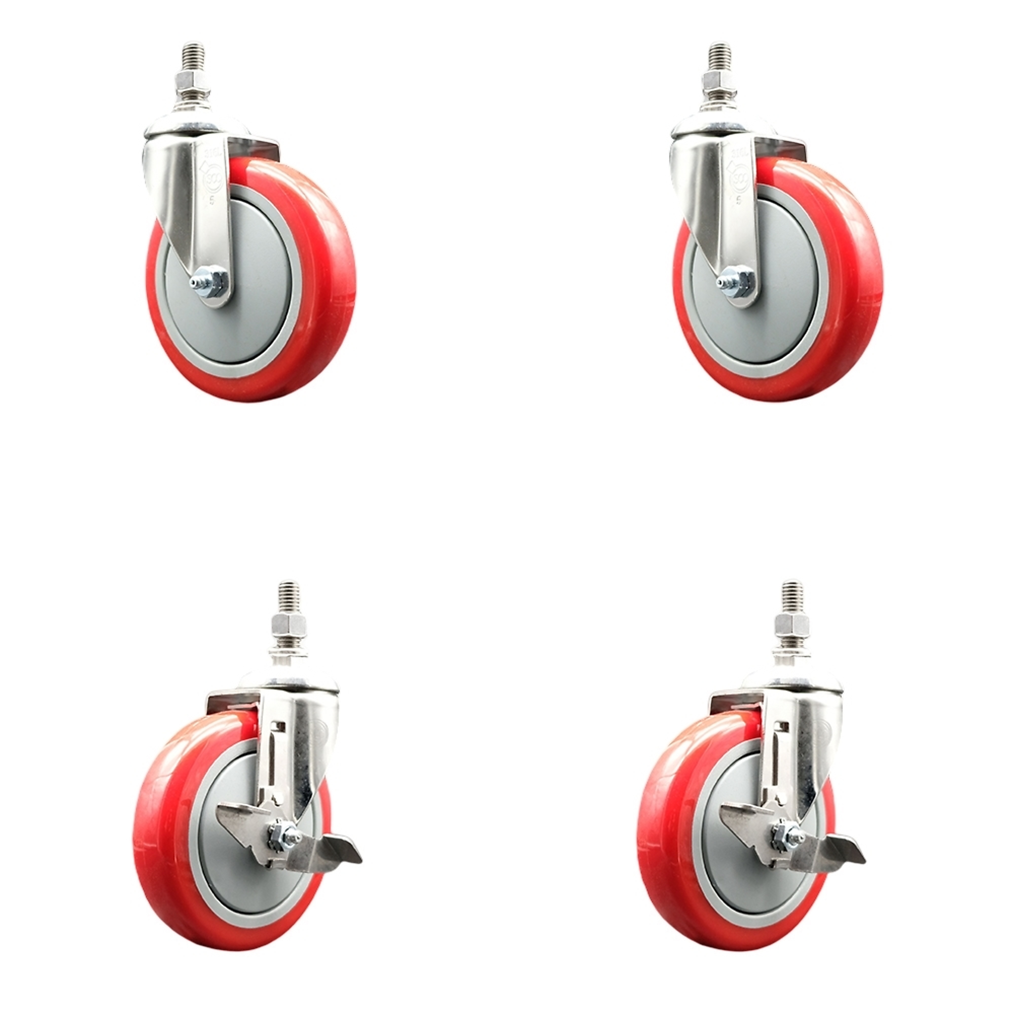 Service Caster, 5Inch x 1 1/4Inch Stem Casters, Wheel Diameter 5 in, Caster Type Swivel, Package (qty.) 4, Model SS316TS20S514-PPUB-RED-381615-2-TLB2