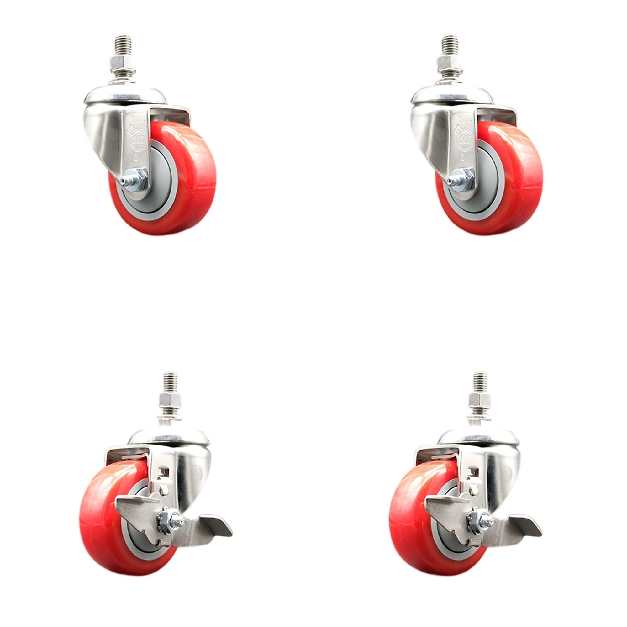 Service Caster, 3Inch x 1 1/4Inch Stem Casters, Wheel Diameter 3 in, Caster Type Swivel, Package (qty.) 4, Model SS316TS20S314-PPUB-RED-M1015-2-TLB-2