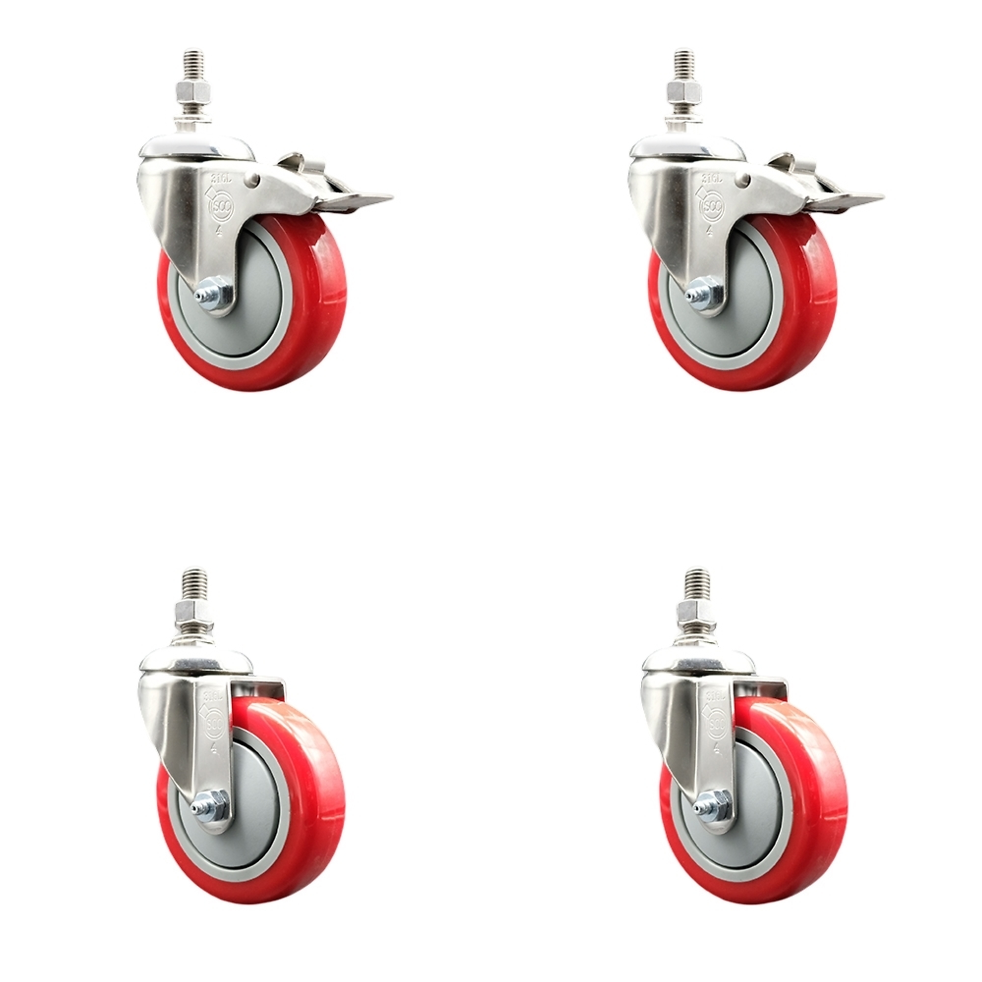 Service Caster, 4Inch x 1 1/4Inch Stem Casters, Wheel Diameter 4 in, Caster Type Swivel, Package (qty.) 4, Model SS316TSTTL20S414-PPUB-RED-M1015-2-S2