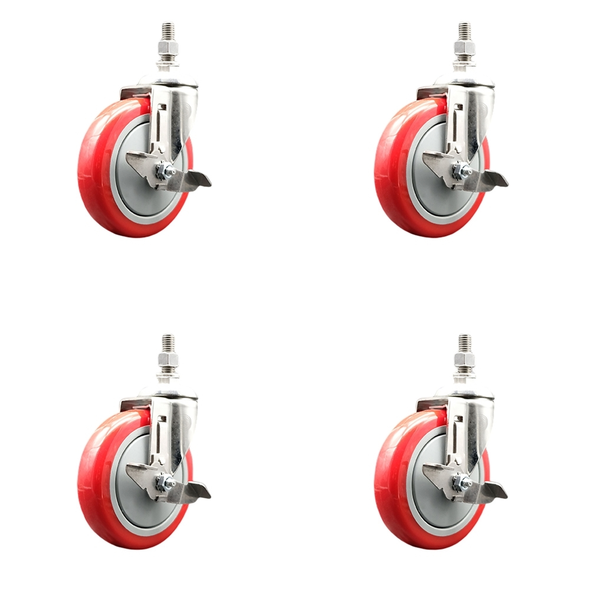 Service Caster, 5Inch x 1 1/4Inch Stem Casters, Wheel Diameter 5 in, Caster Type Swivel, Package (qty.) 4, Model SS316TS20S514-PPUB-RED-TLB-M1015-4