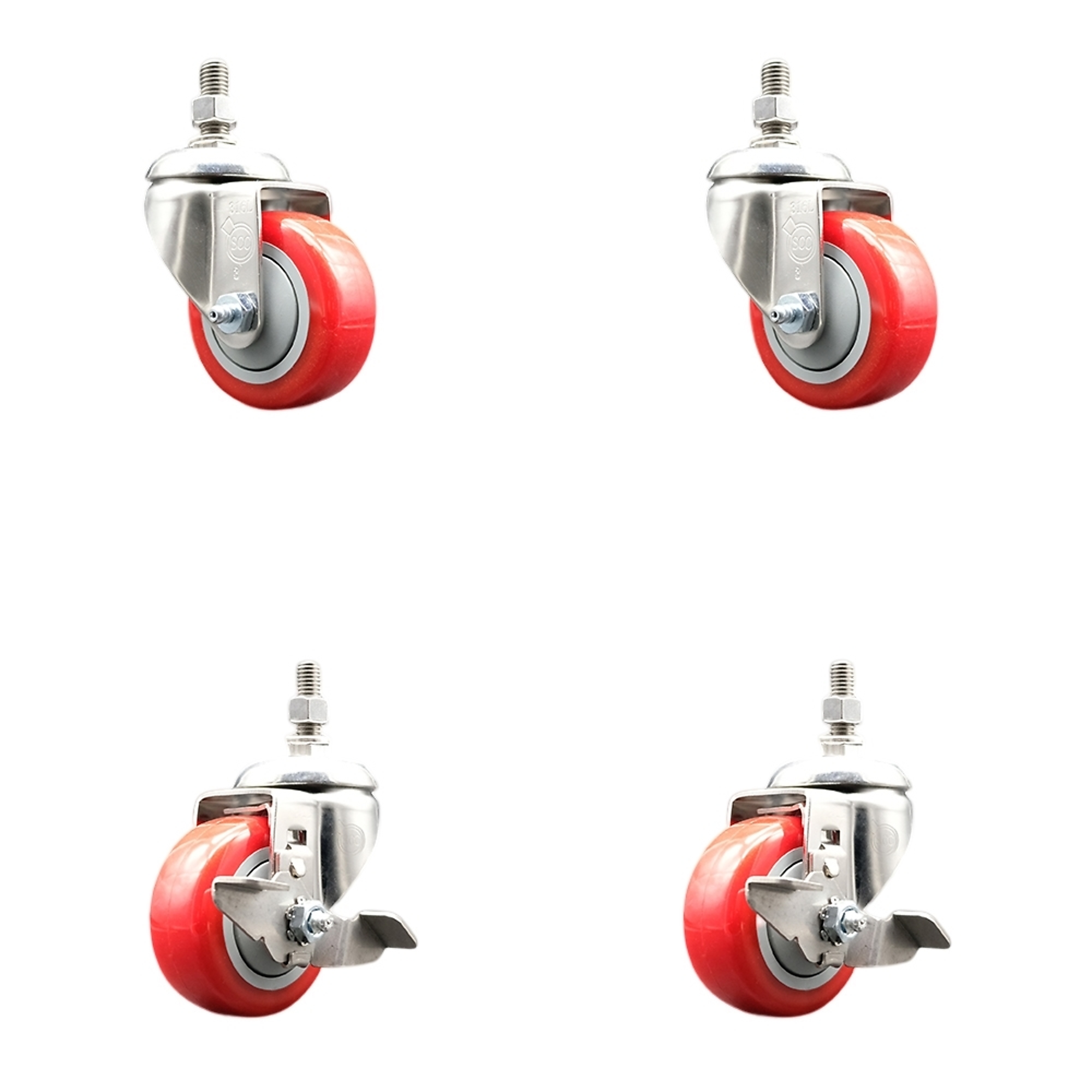 Service Caster, 3Inch x 1 1/4Inch Stem Casters, Wheel Diameter 3 in, Caster Type Swivel, Package (qty.) 4, Model SS316TS20S314-PPUB-RED-M1215-2-TLB-2