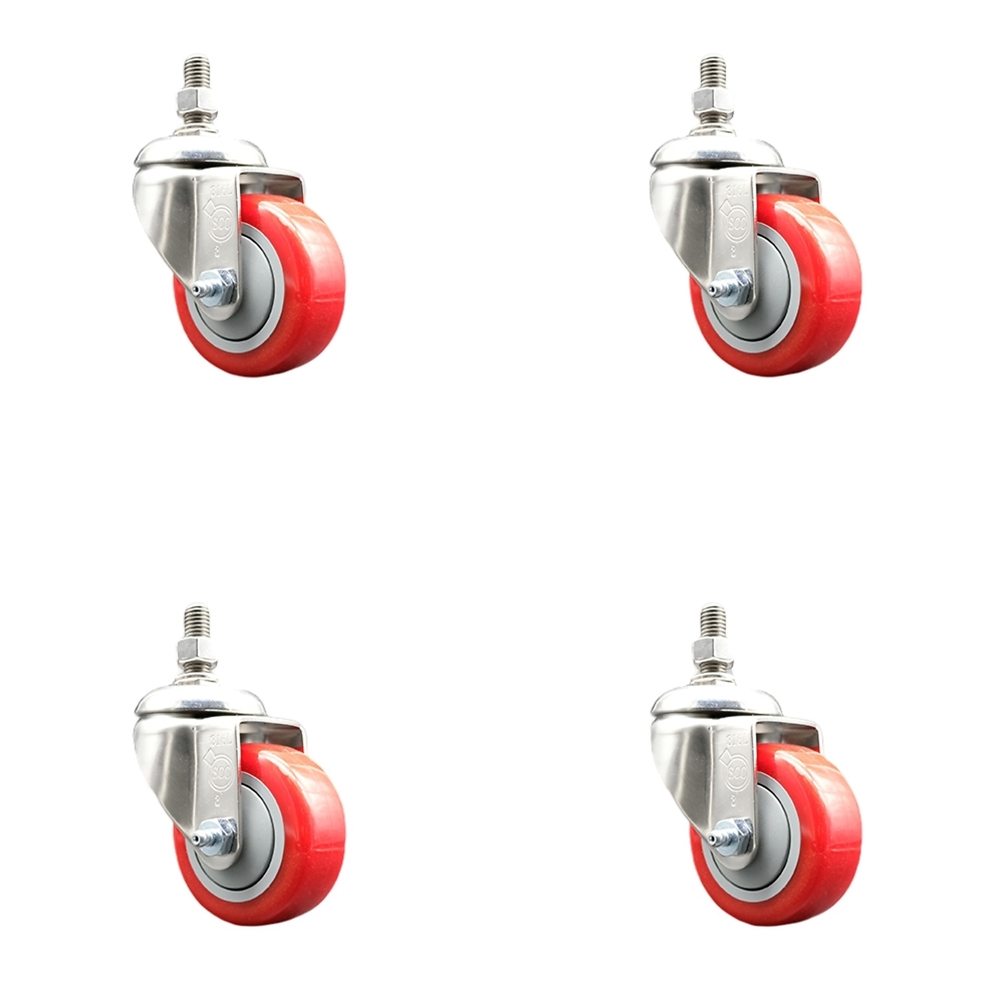 Service Caster, 3Inch x 1 1/4Inch Stem Casters, Wheel Diameter 3 in, Caster Type Swivel, Package (qty.) 4, Model SCC-SS316TS20S314-PPUB-RED-M1215-4