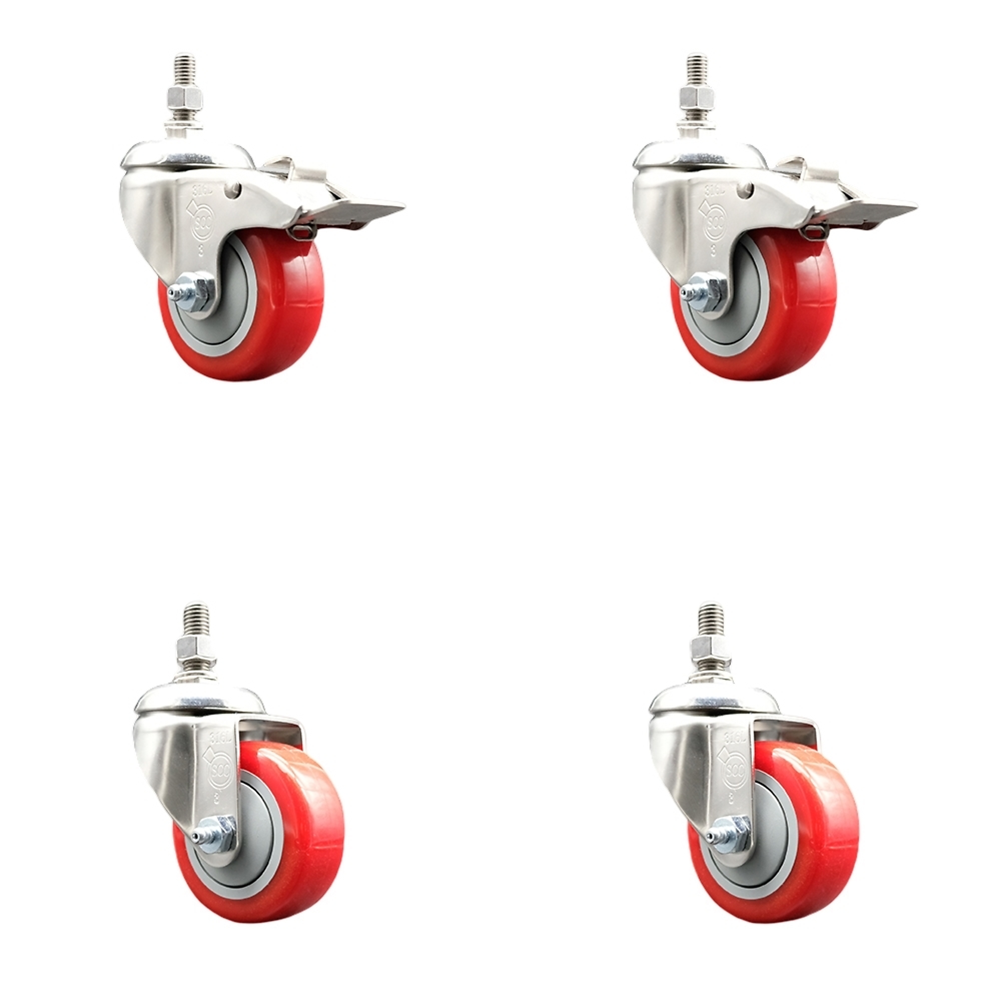 Service Caster, 3Inch x 1 1/4Inch Stem Casters, Wheel Diameter 3 in, Caster Type Swivel, Package (qty.) 4, Model SS316TSTTL20S314-PPUB-RED-M1215-2-S2