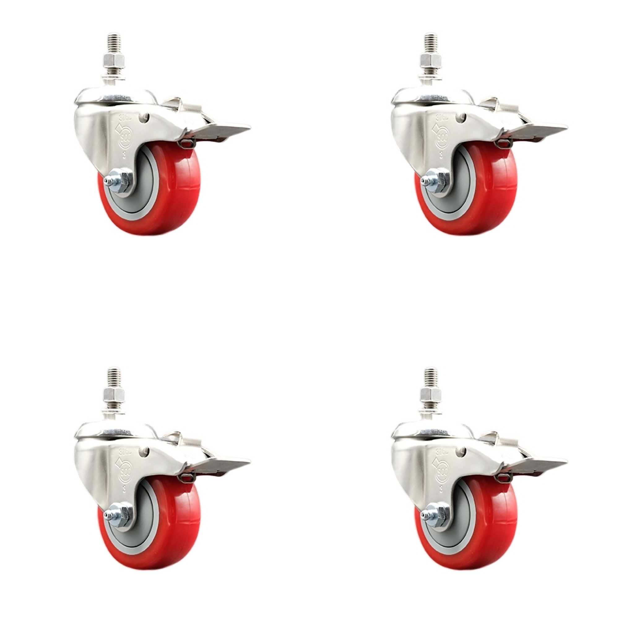 Service Caster, 3 1/2Inch x 1 1/4Inch Stem Casters, Wheel Diameter 3.5 in, Caster Type Swivel, Package (qty.) 4, Model SS316TSTTL20S3514-PPUB-RED-