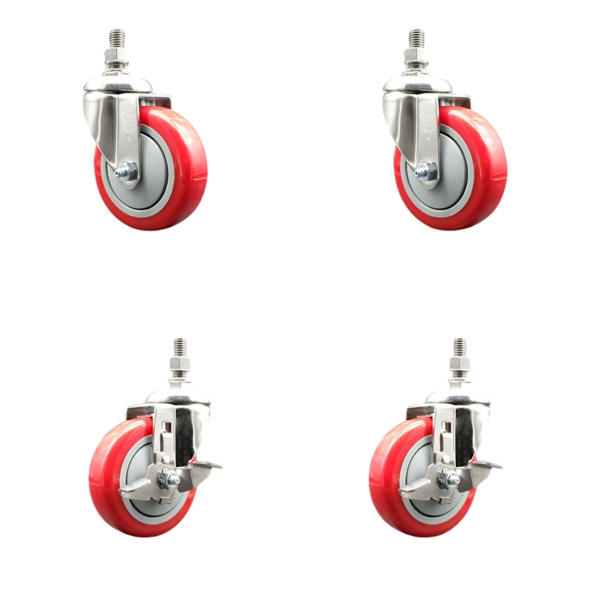 Service Caster, 4Inch x 1 1/4Inch Stem Casters, Wheel Diameter 4 in, Caster Type Swivel, Package (qty.) 4, Model SS316TS20S414-PPUB-RED-M1215-2-TLB-2