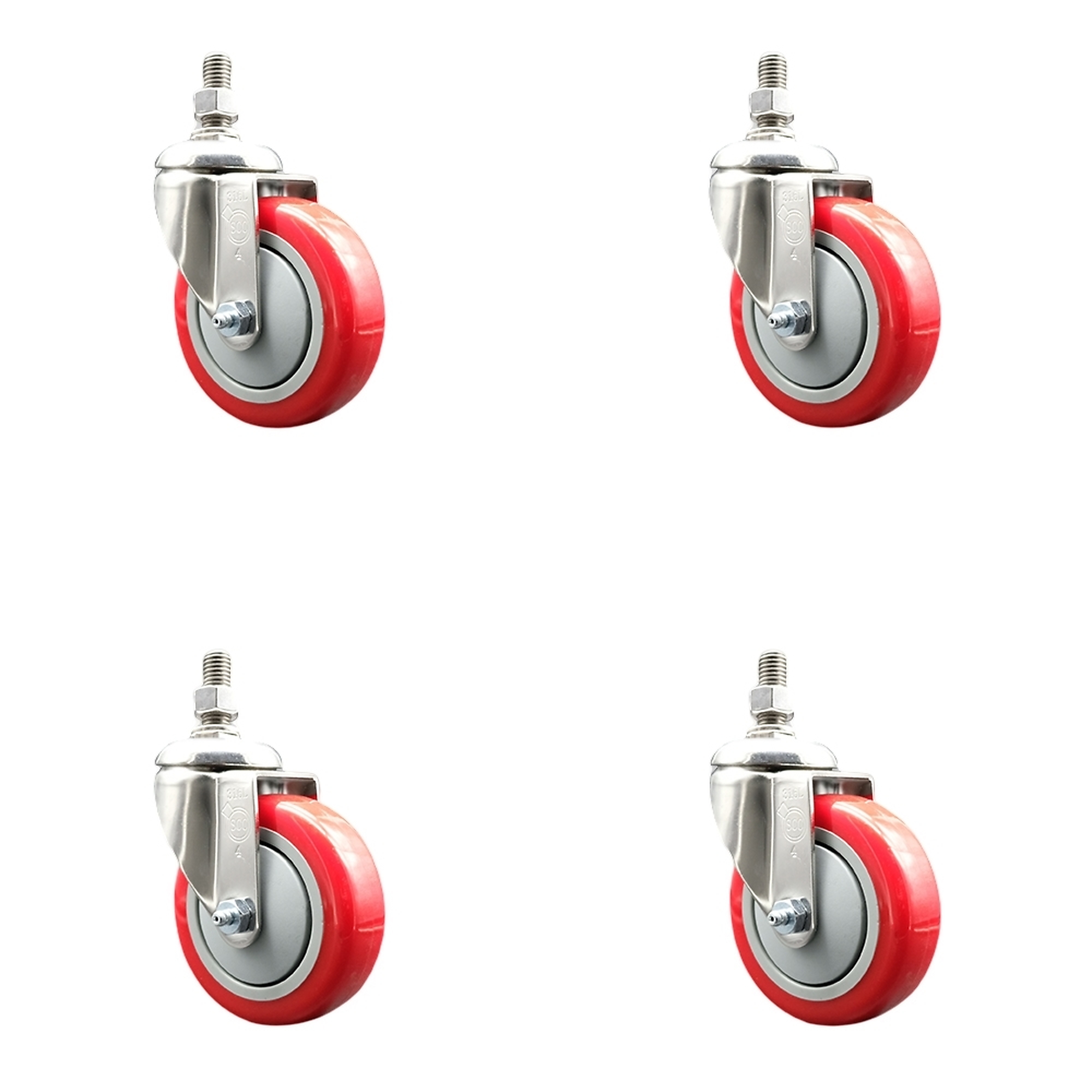 Service Caster, 4Inch x 1 1/4Inch Stem Casters, Wheel Diameter 4 in, Caster Type Swivel, Package (qty.) 4, Model SCC-SS316TS20S414-PPUB-RED-M1215-4