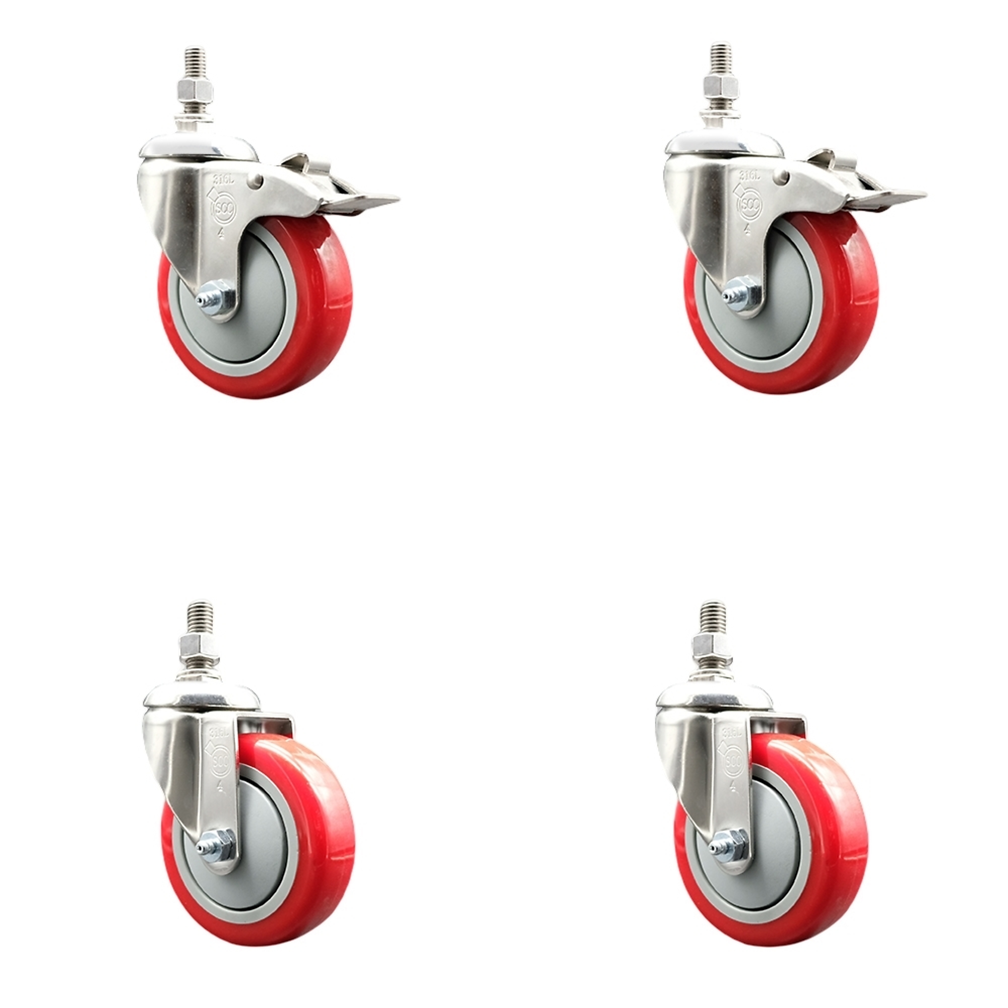 Service Caster, 4Inch x 1 1/4Inch Stem Casters, Wheel Diameter 4 in, Caster Type Swivel, Package (qty.) 4, Model SS316TSTTL20S414-PPUB-RED-M1215-2-S2