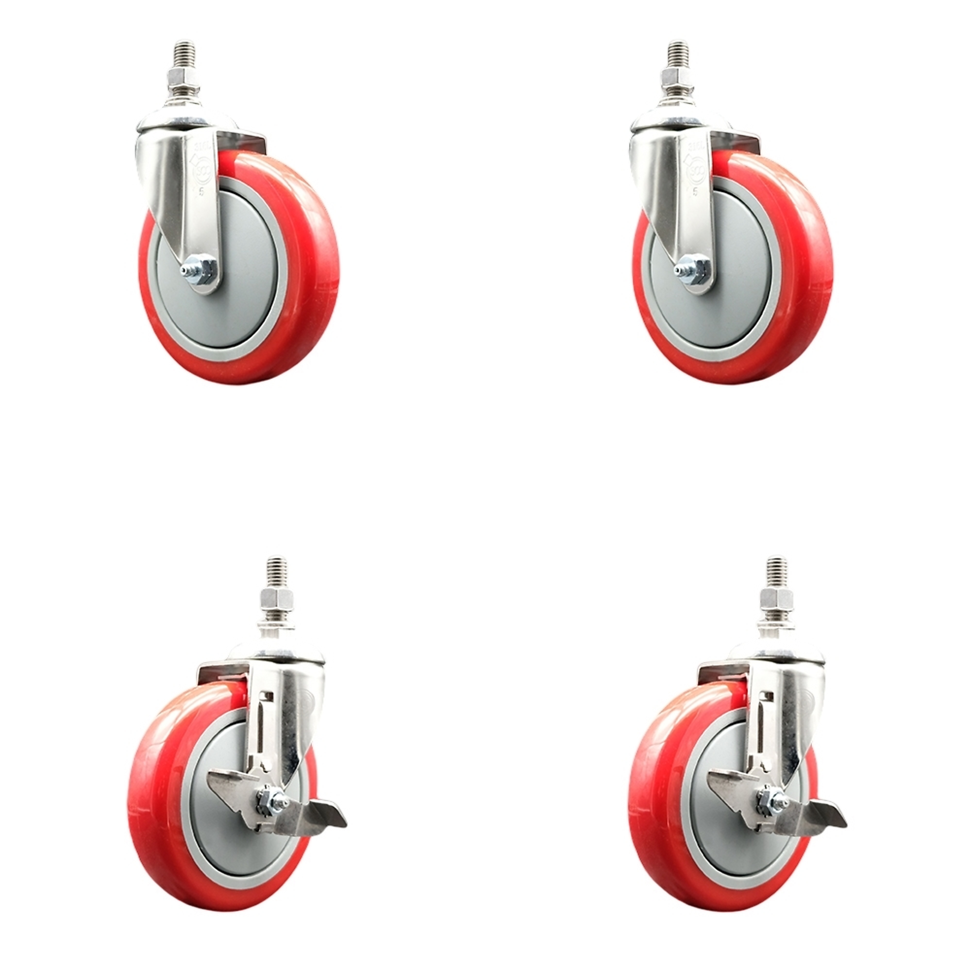 Service Caster, 5Inch x 1 1/4Inch Stem Casters, Wheel Diameter 5 in, Caster Type Swivel, Package (qty.) 4, Model SS316TS20S514-PPUB-RED-M1215-2-TLB-2