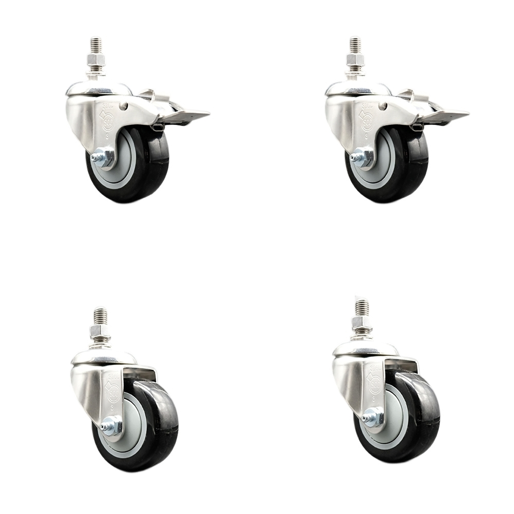 Service Caster, 3Inch x 1 1/4Inch Stem Casters, Wheel Diameter 3 in, Caster Type Swivel, Package (qty.) 4, Model SS316TSTTL20S314-PPUB-BLK-121315-2S2