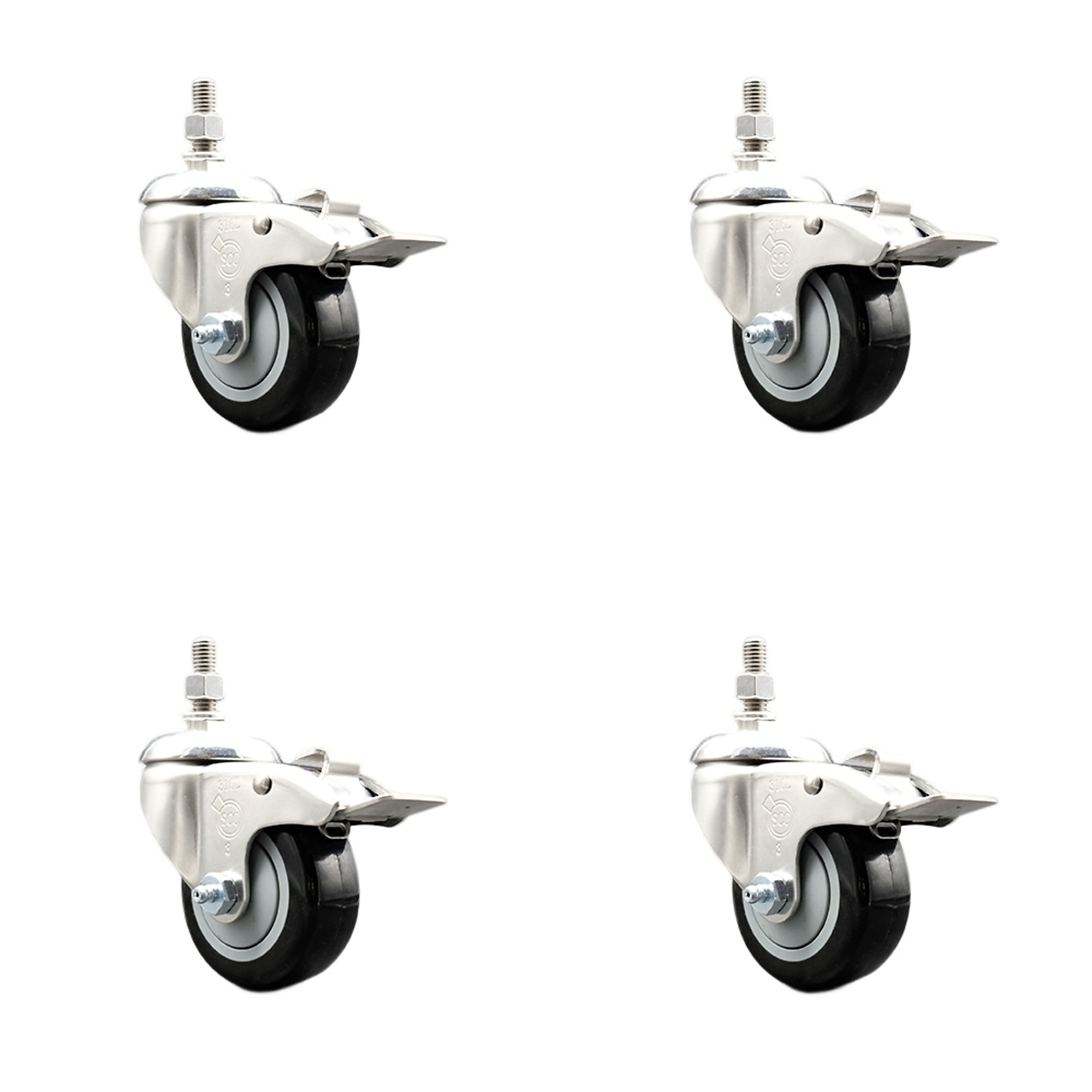 Service Caster, 3Inch x 1 1/4Inch Stem Casters, Wheel Diameter 3 in, Caster Type Swivel, Package (qty.) 4, Model SS316TSTTL20S314-PPUB-BLK-121315-4