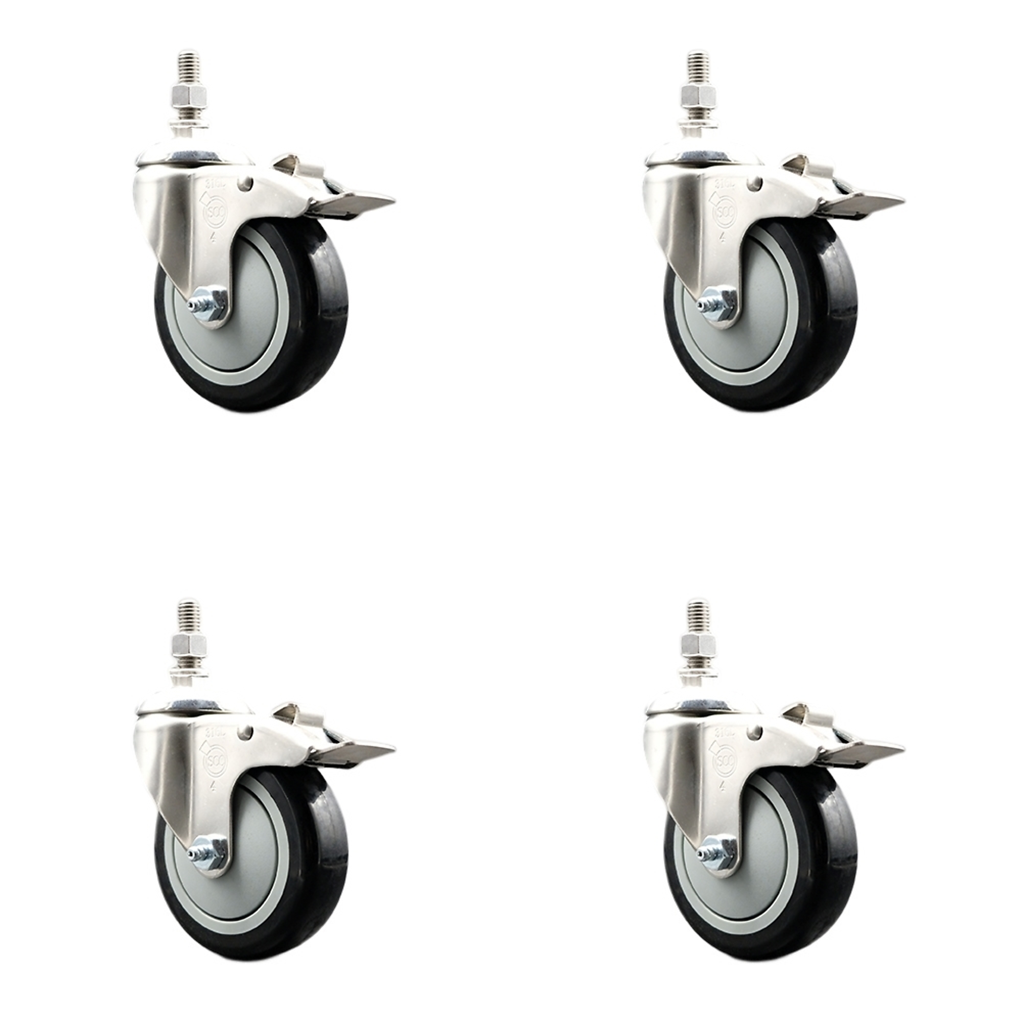 Service Caster, 4Inch x 1 1/4Inch Stem Casters, Wheel Diameter 4 in, Caster Type Swivel, Package (qty.) 4, Model SS316TSTTL20S414-PPUB-BLK-121315-4