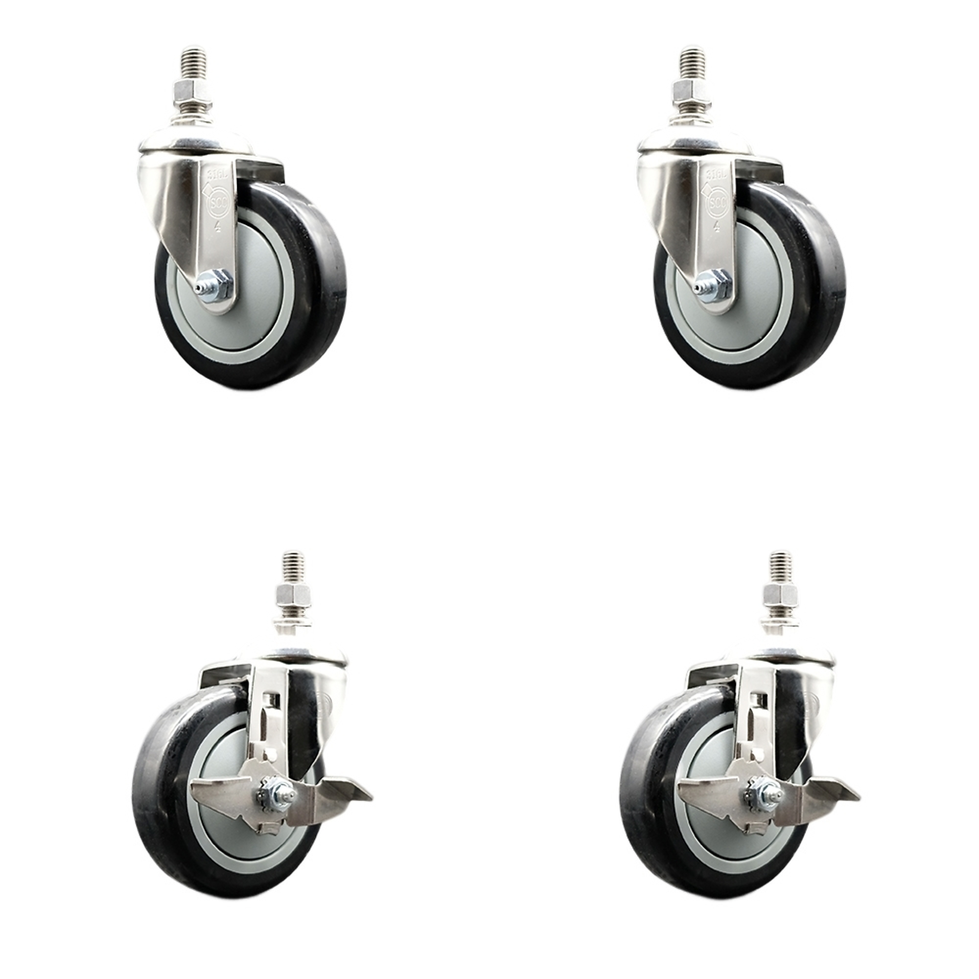 Service Caster, 4Inch x 1 1/4Inch Stem Casters, Wheel Diameter 4 in, Caster Type Swivel, Package (qty.) 4, Model SS316TS20S414-PPUB-BLK-121315-2-TLB2