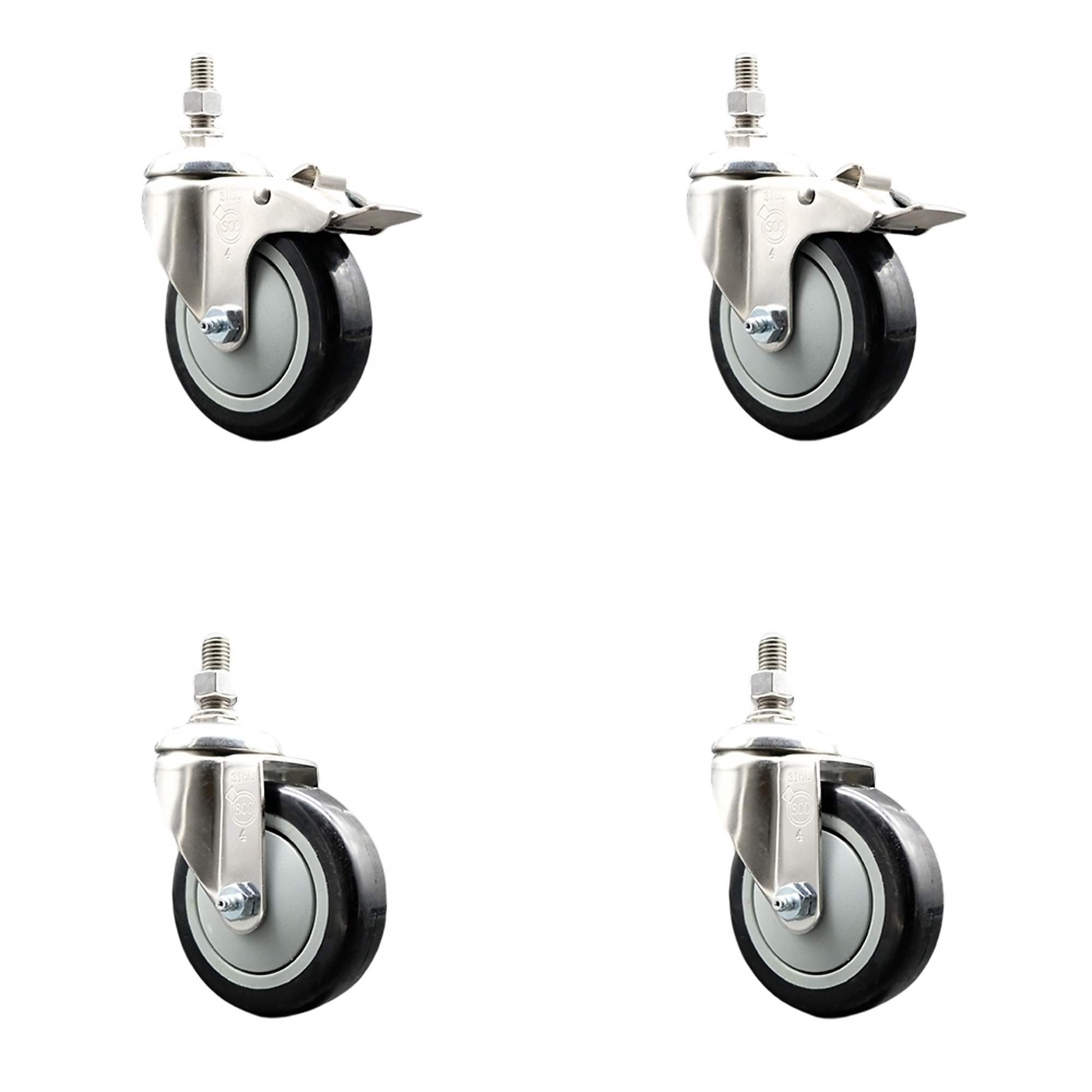 Service Caster, 4Inch x 1 1/4Inch Stem Casters, Wheel Diameter 4 in, Caster Type Swivel, Package (qty.) 4, Model SS316TSTTL20S414-PPUB-BLK-121315-2S2