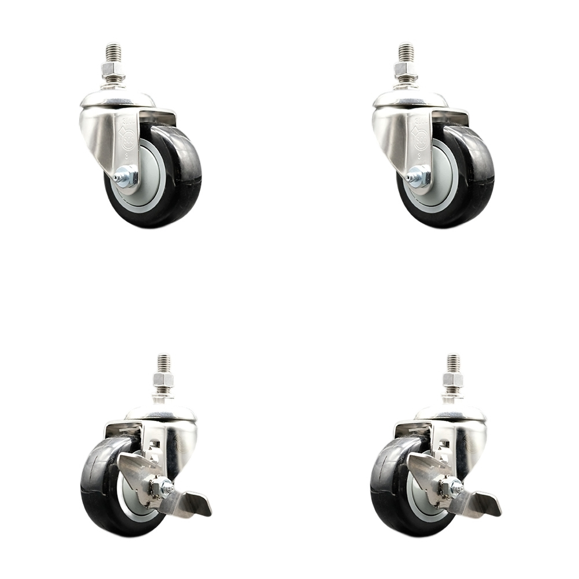 Service Caster, 3Inch x 1 1/4Inch Stem Casters, Wheel Diameter 3 in, Caster Type Swivel, Package (qty.) 4, Model SS316TS20S314-PPUB-BLK-381615-2-TLB2