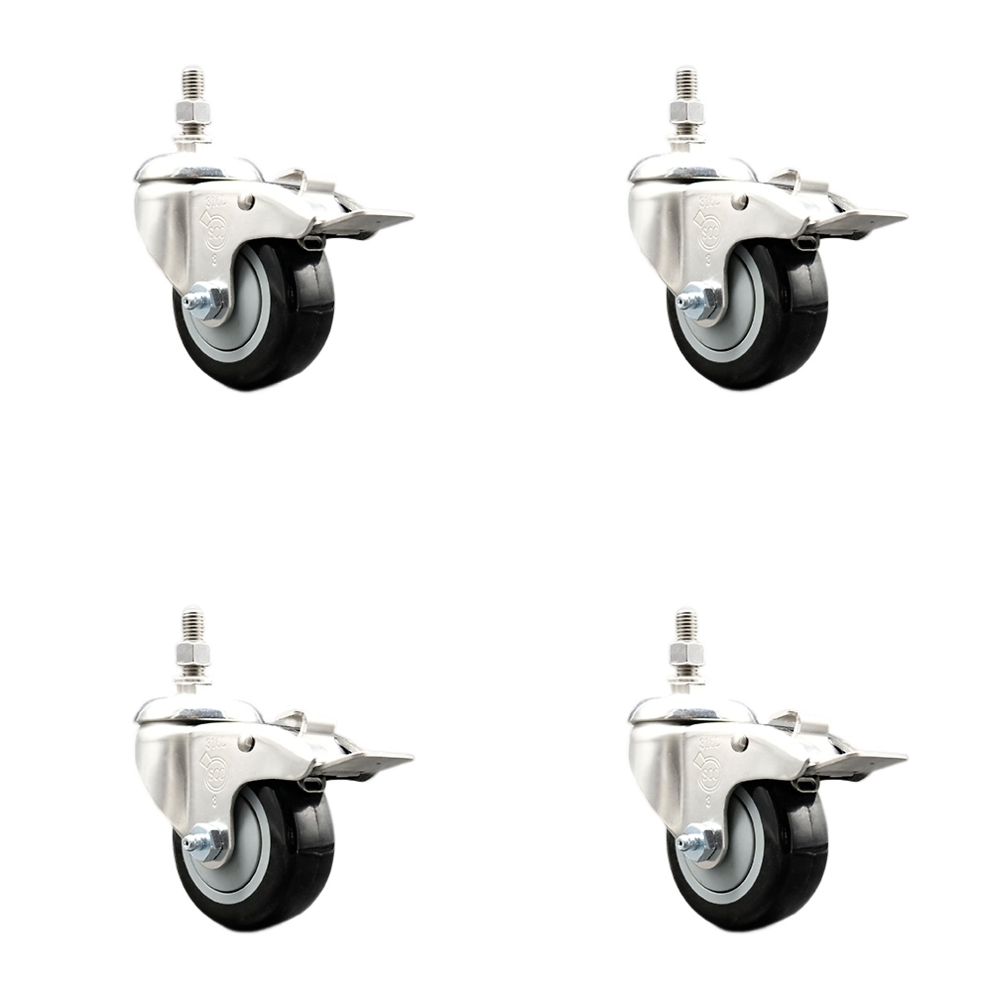 Service Caster, 3Inch x 1 1/4Inch Stem Casters, Wheel Diameter 3 in, Caster Type Swivel, Package (qty.) 4, Model SS316TSTTL20S314-PPUB-BLK-381615-4