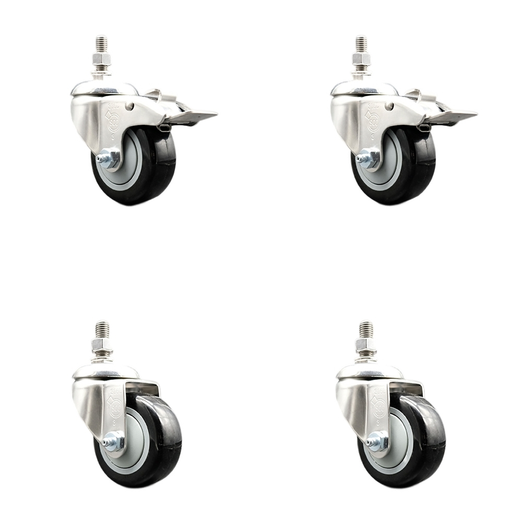 Service Caster, 3Inch x 1 1/4Inch Stem Casters, Wheel Diameter 3 in, Caster Type Swivel, Package (qty.) 4, Model SS316TSTTL20S314-PPUB-BLK-381615-2S2