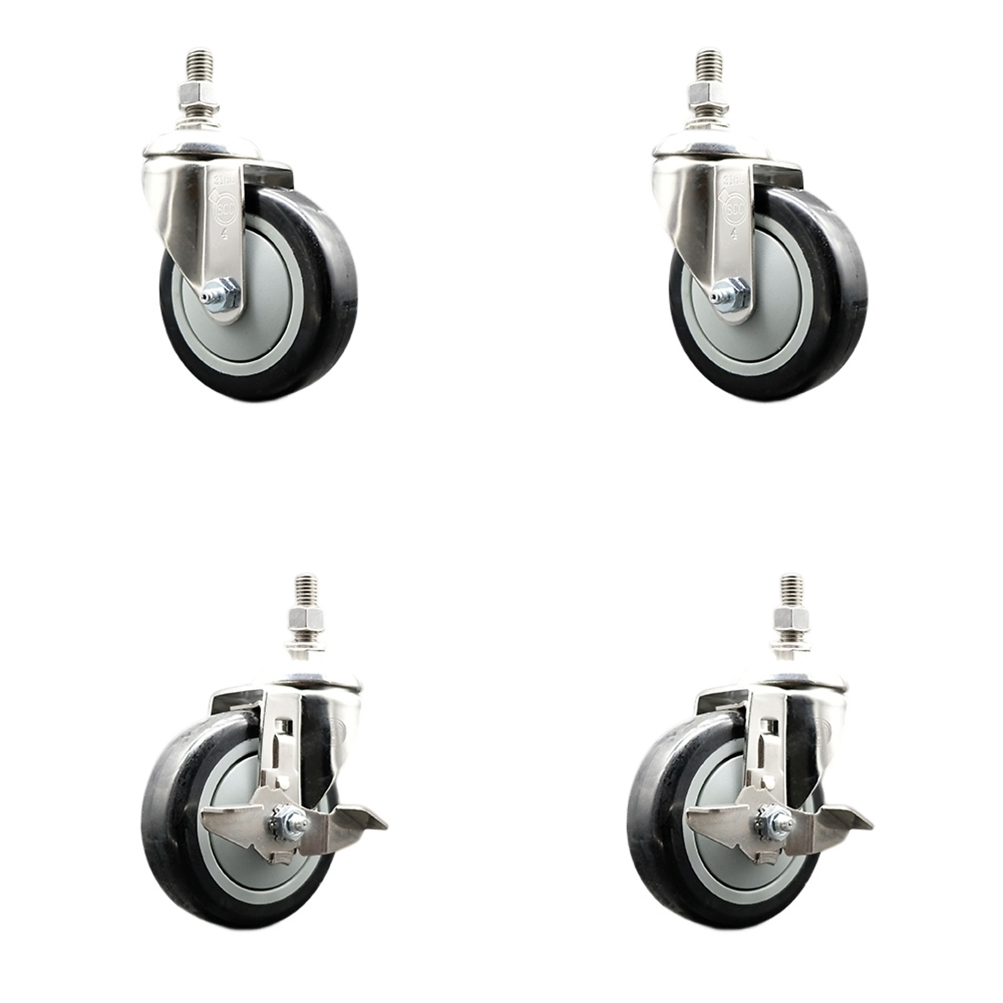 Service Caster, 4Inch x 1 1/4Inch Stem Casters, Wheel Diameter 4 in, Caster Type Swivel, Package (qty.) 4, Model SS316TS20S414-PPUB-BLK-381615-2-TLB2