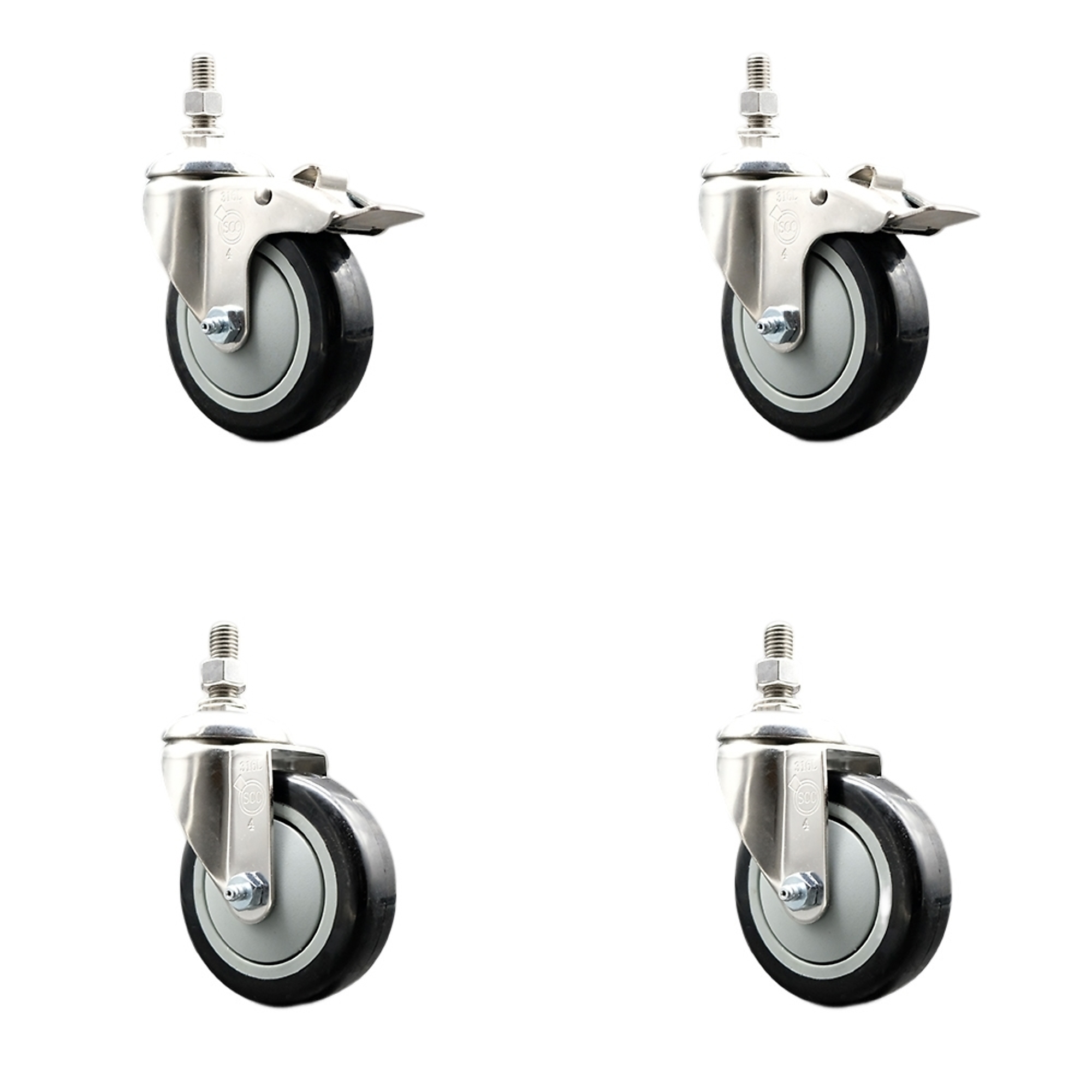 Service Caster, 4Inch x 1 1/4Inch Stem Casters, Wheel Diameter 4 in, Caster Type Swivel, Package (qty.) 4, Model SS316TSTTL20S414-PPUB-BLK-381615-2S2