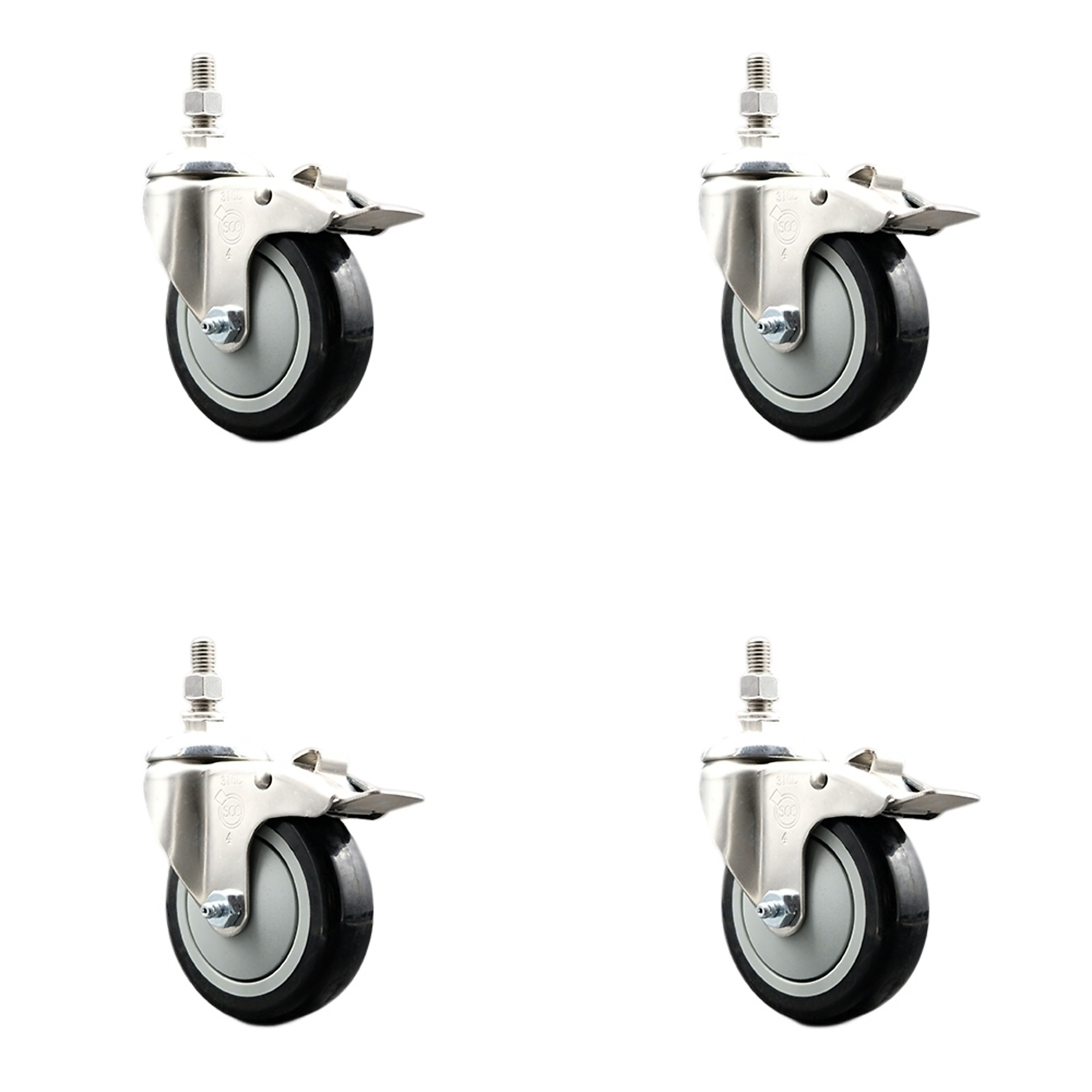 Service Caster, 4Inch x 1 1/4Inch Stem Casters, Wheel Diameter 4 in, Caster Type Swivel, Package (qty.) 4, Model SS316TSTTL20S414-PPUB-BLK-381615-4