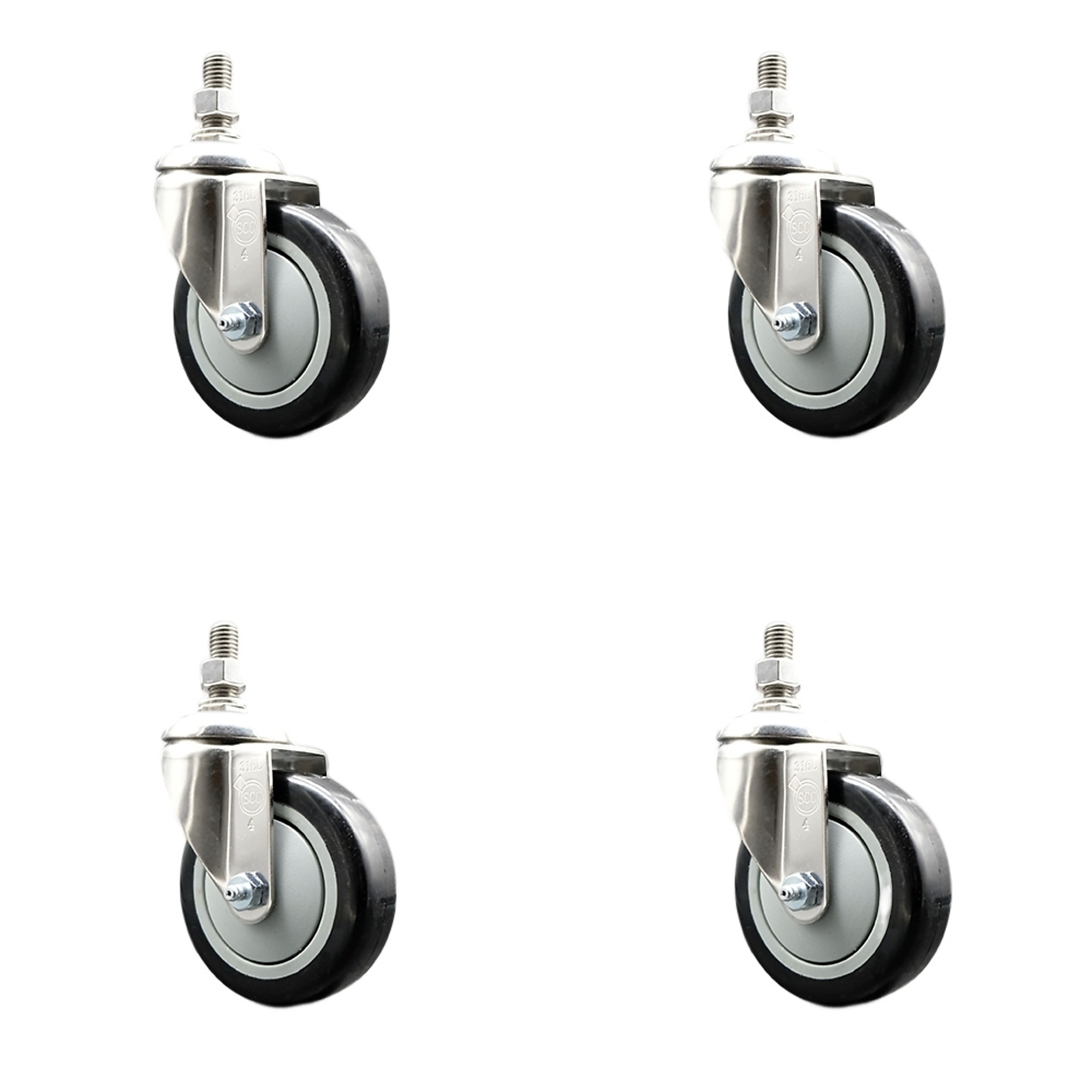 Service Caster, 4Inch x 1 1/4Inch Stem Casters, Wheel Diameter 4 in, Caster Type Swivel, Package (qty.) 4, Model SCC-SS316TS20S414-PPUB-BLK-381615-4