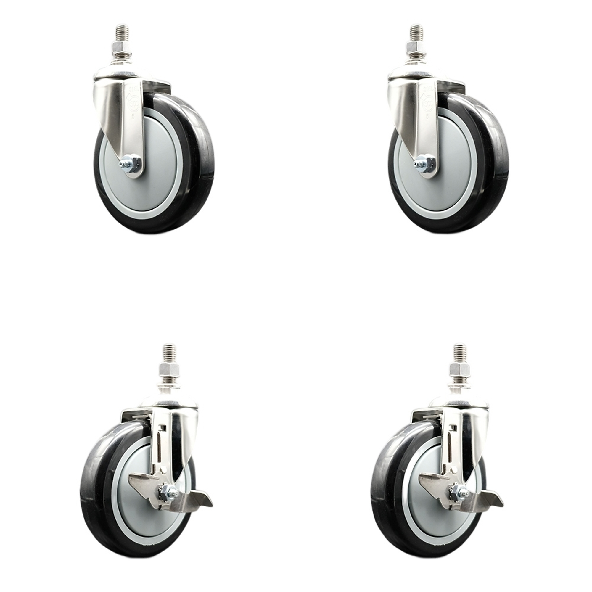 Service Caster, 5Inch x 1 1/4Inch Stem Casters, Wheel Diameter 5 in, Caster Type Swivel, Package (qty.) 4, Model SS316TS20S514-PPUB-BLK-381615-2-TLB2