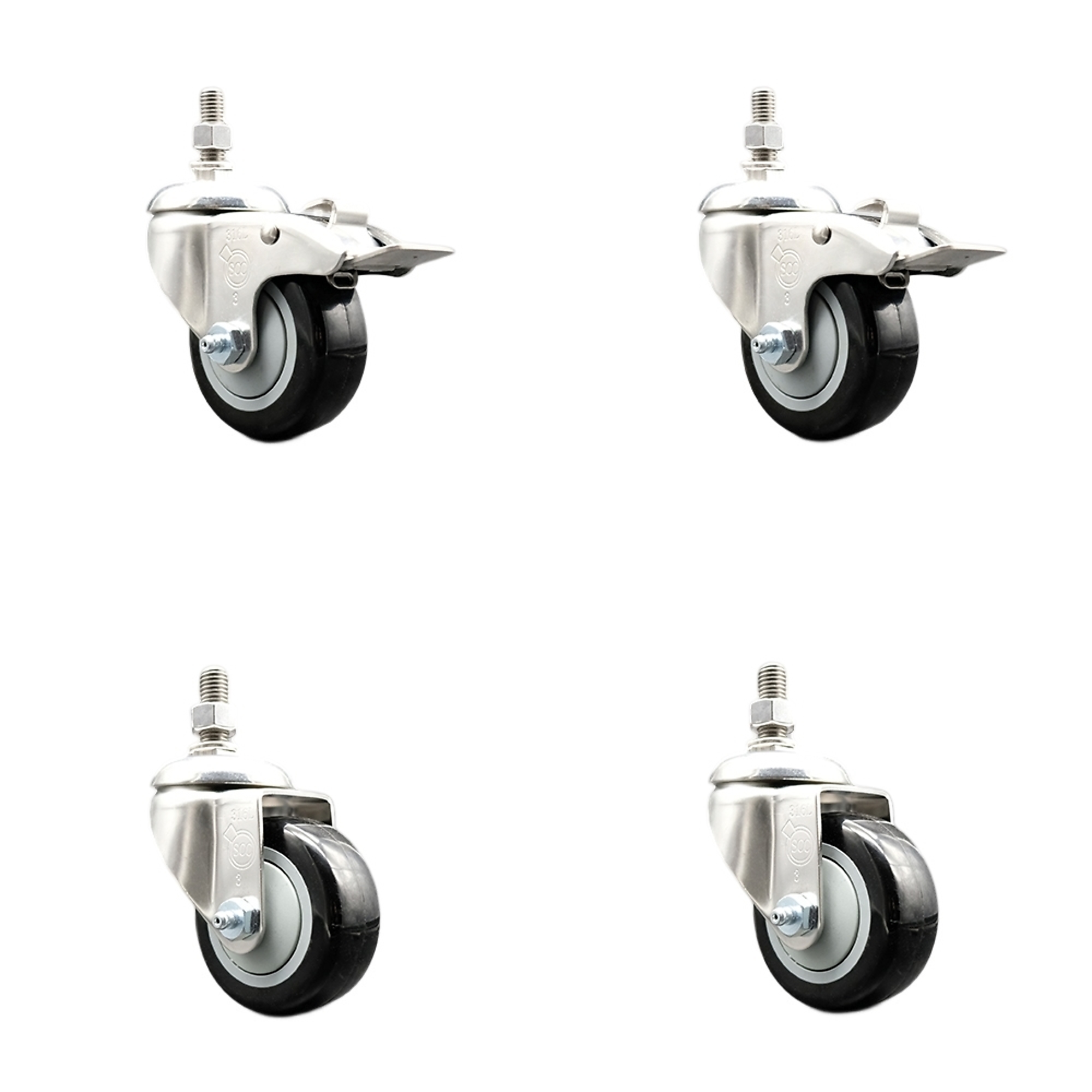 Service Caster, 3 1/2Inch x 1 1/4Inch Stem Casters, Wheel Diameter 3.5 in, Caster Type Swivel, Package (qty.) 4, Model SS316TSTTL20S3514-PPUB-BLK-