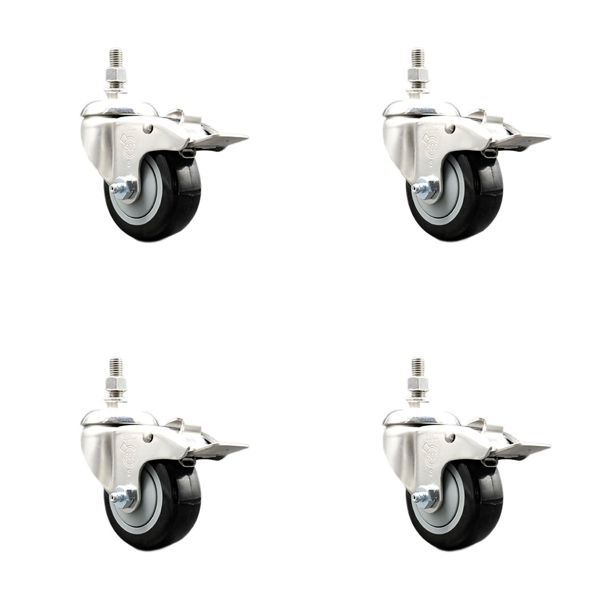 Service Caster, 3Inch x 1 1/4Inch Stem Casters, Wheel Diameter 3 in, Caster Type Swivel, Package (qty.) 4, Model SS316TSTTL20S314-PPUB-BLK-M1015-4