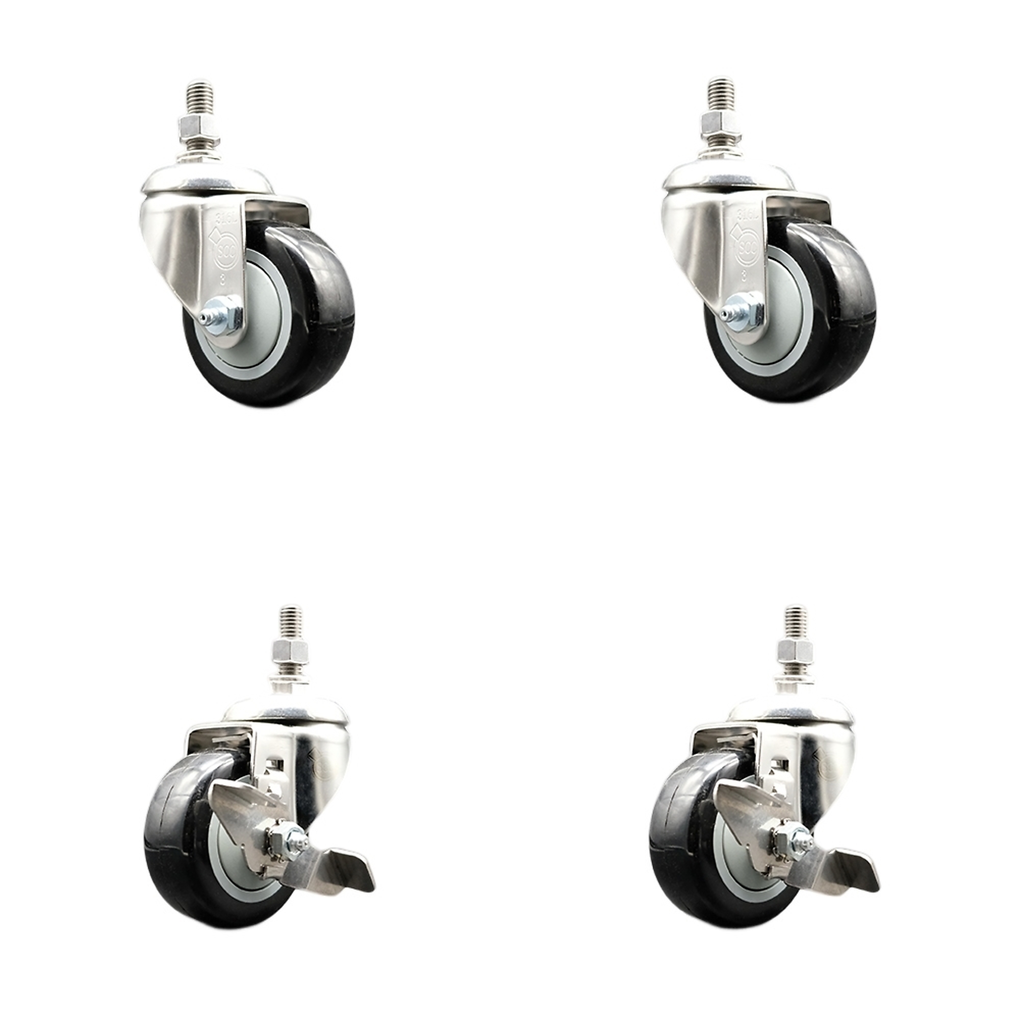 Service Caster, 3Inch x 1 1/4Inch Stem Casters, Wheel Diameter 3 in, Caster Type Swivel, Package (qty.) 4, Model SS316TS20S314-PPUB-BLK-M1015-2-TLB-2