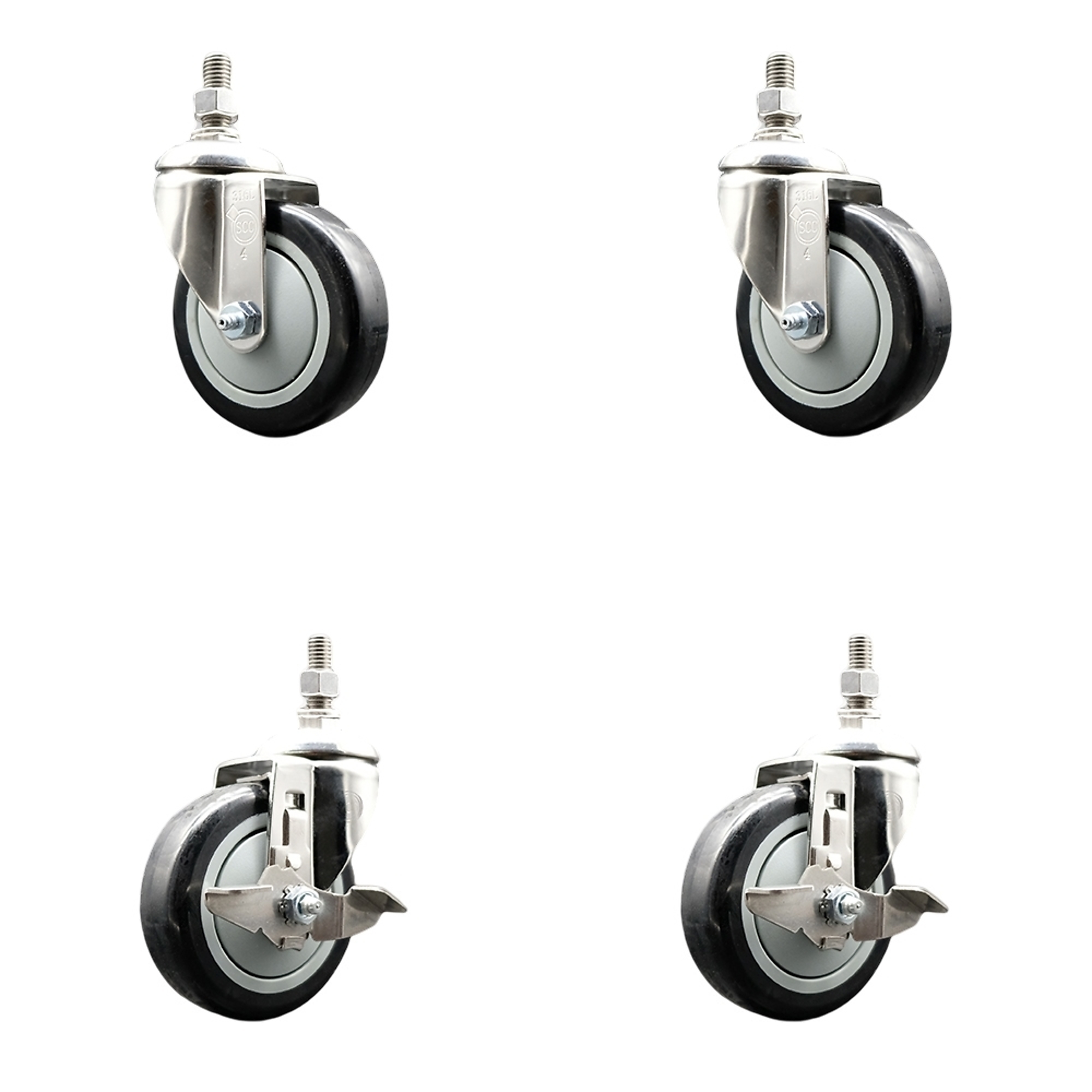 Service Caster, 4Inch x 1 1/4Inch Stem Casters, Wheel Diameter 4 in, Caster Type Swivel, Package (qty.) 4, Model SS316TS20S414-PPUB-BLK-M1015-2-TLB-2