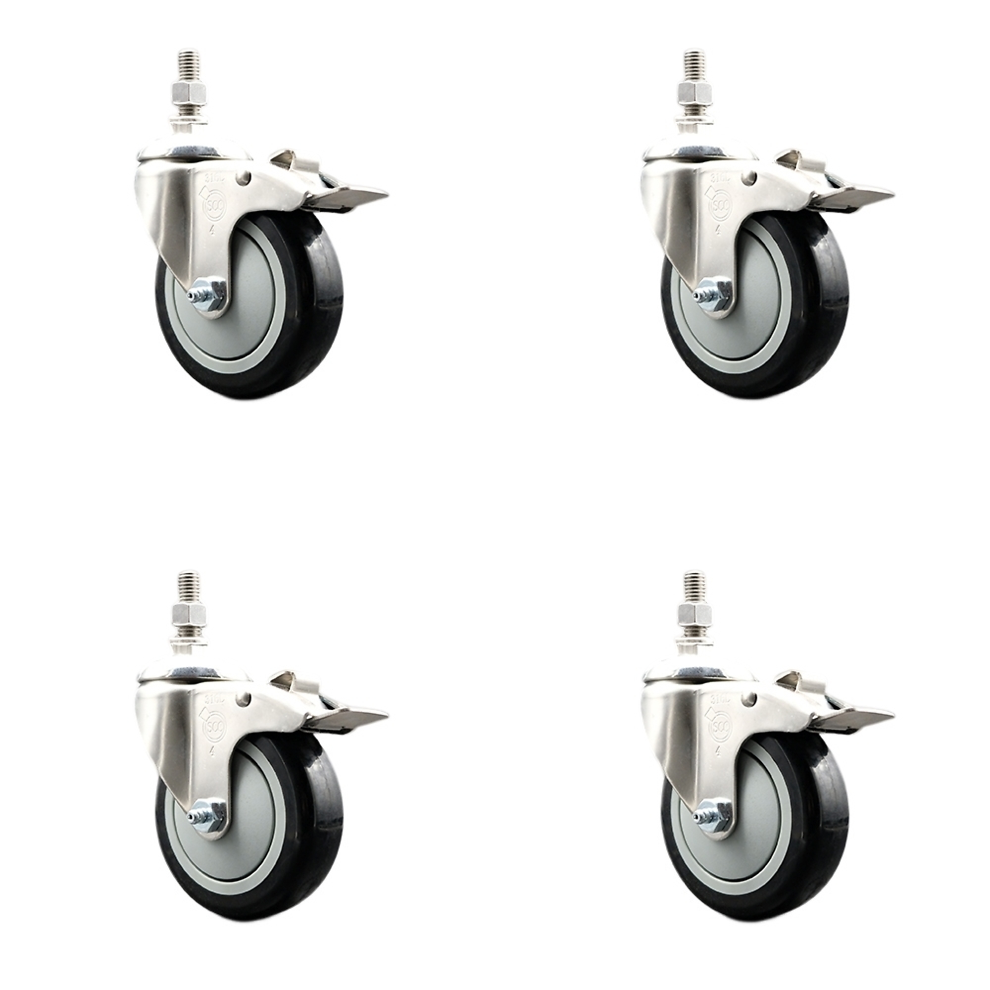 Service Caster, 4Inch x 1 1/4Inch Stem Casters, Wheel Diameter 4 in, Caster Type Swivel, Package (qty.) 4, Model SS316TSTTL20S414-PPUB-BLK-M1015-4