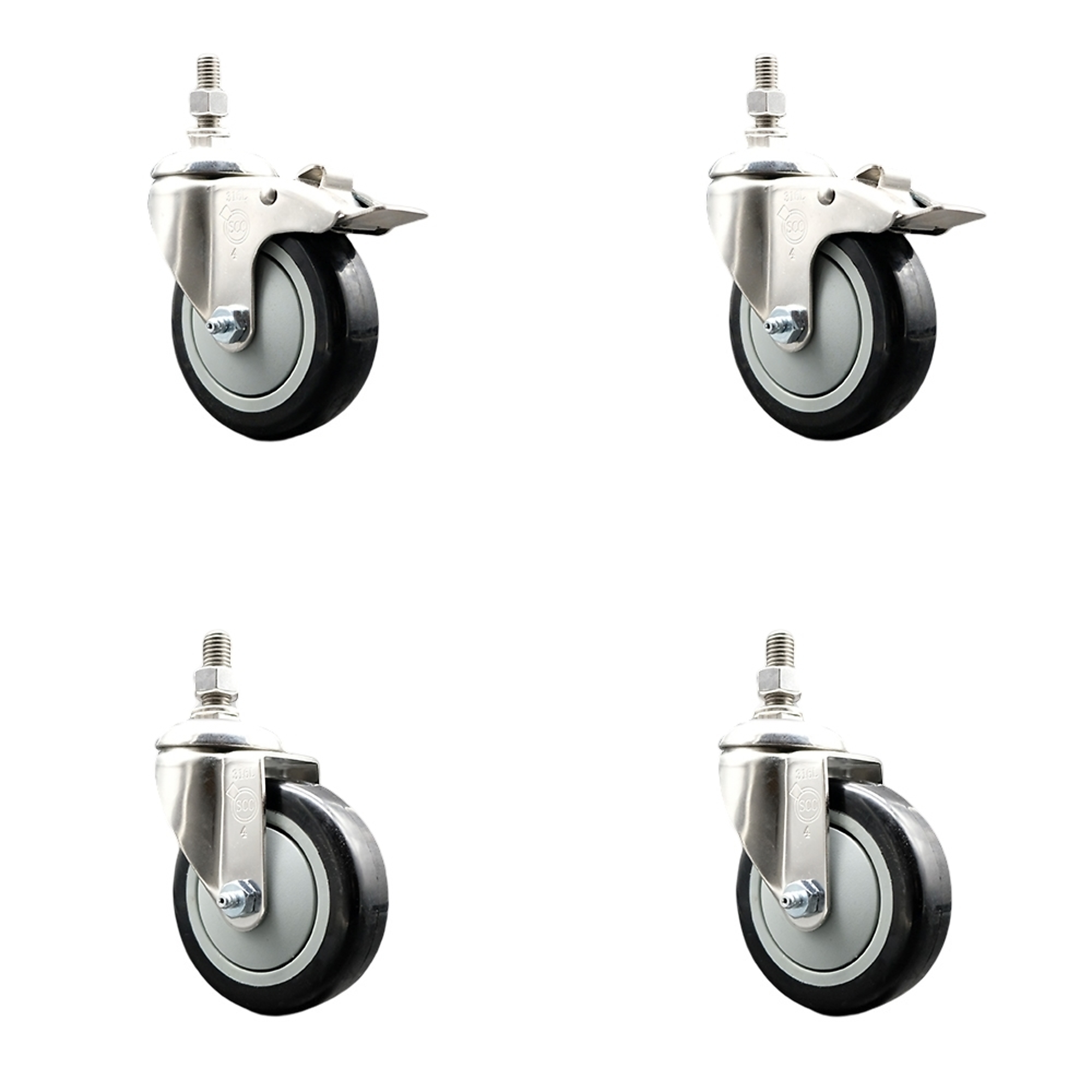 Service Caster, 4Inch x 1 1/4Inch Stem Casters, Wheel Diameter 4 in, Caster Type Swivel, Package (qty.) 4, Model SS316TSTTL20S414-PPUB-BLK-M1015-2-S2