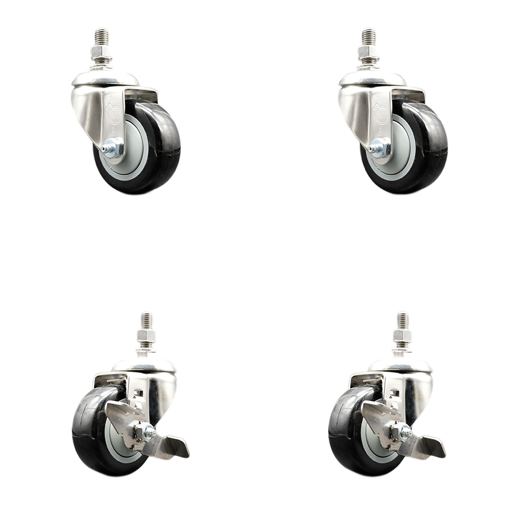 Service Caster, 3Inch x 1 1/4Inch Stem Casters, Wheel Diameter 3 in, Caster Type Swivel, Package (qty.) 4, Model SS316TS20S314-PPUB-BLK-M1215-2-TLB-2