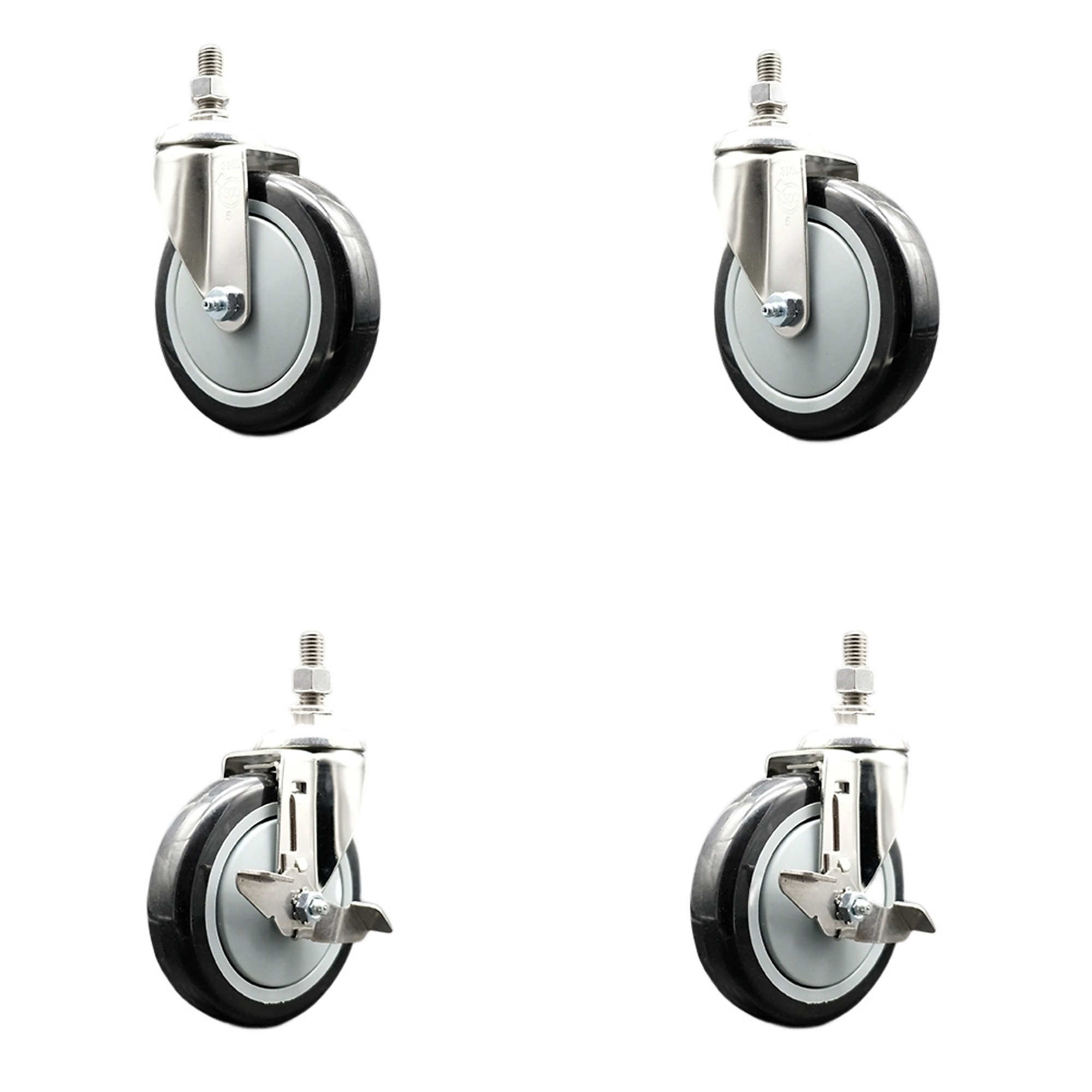 Service Caster, 5Inch x 1 1/4Inch Stem Casters, Wheel Diameter 5 in, Caster Type Swivel, Package (qty.) 4, Model SS316TS20S514-PPUB-BLK-M1015-2-TLB-2