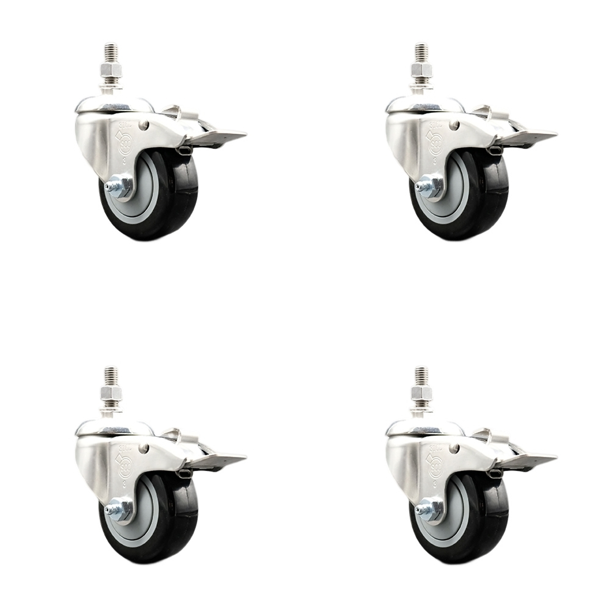 Service Caster, 3Inch x 1 1/4Inch Stem Casters, Wheel Diameter 3 in, Caster Type Swivel, Package (qty.) 4, Model SS316TSTTL20S314-PPUB-BLK-M1215-4