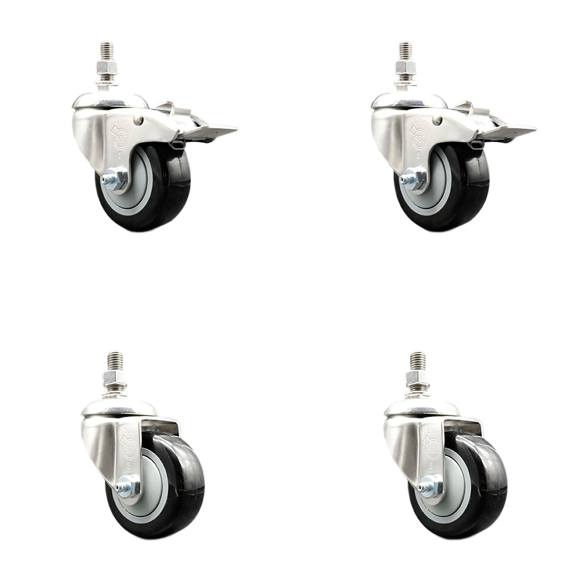 Service Caster, 3Inch x 1 1/4Inch Stem Casters, Wheel Diameter 3 in, Caster Type Swivel, Package (qty.) 4, Model SS316TSTTL20S314-PPUB-BLK-M1215-2-S2