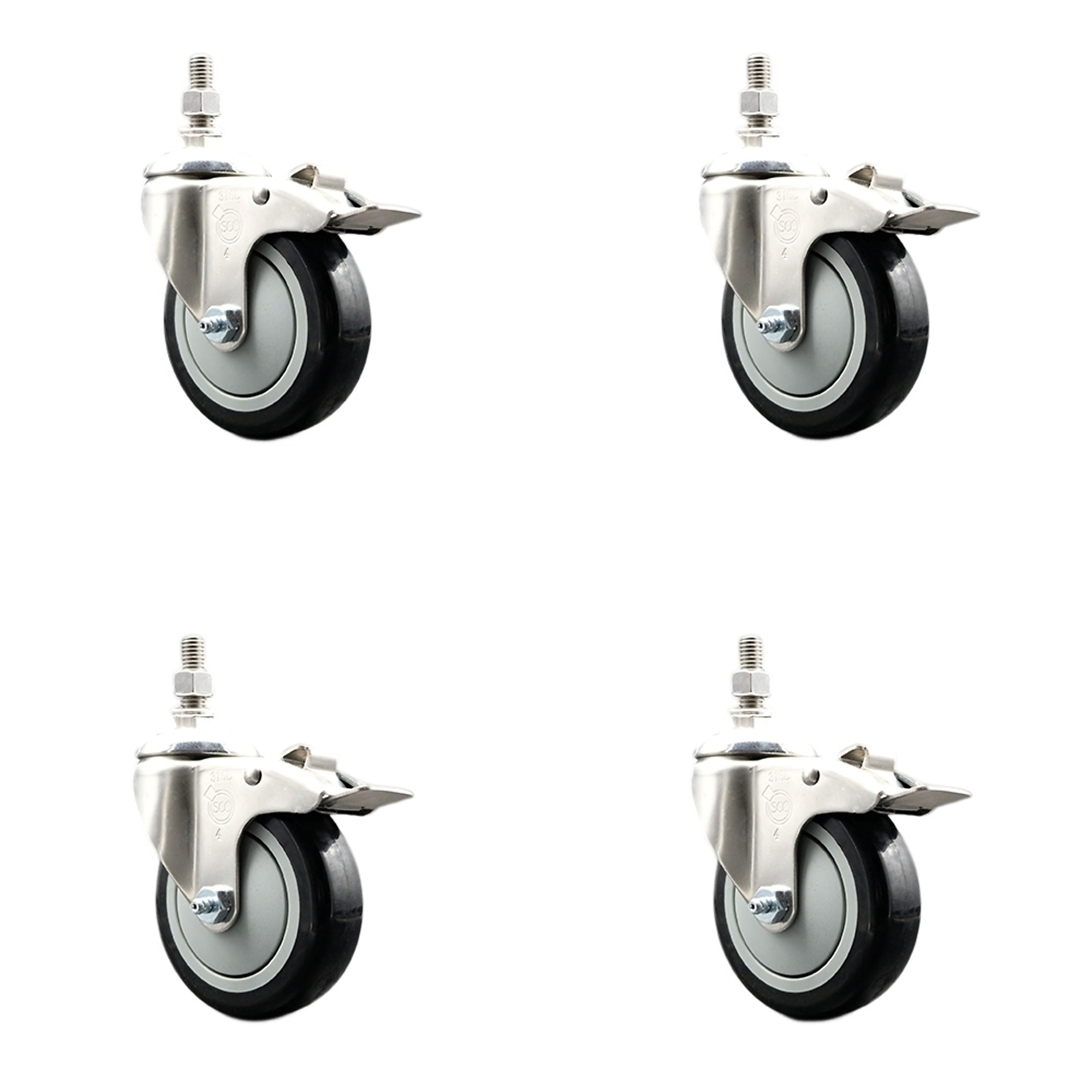 Service Caster, 4Inch x 1 1/4Inch Stem Casters, Wheel Diameter 4 in, Caster Type Swivel, Package (qty.) 4, Model SS316TSTTL20S414-PPUB-BLK-M1215-4