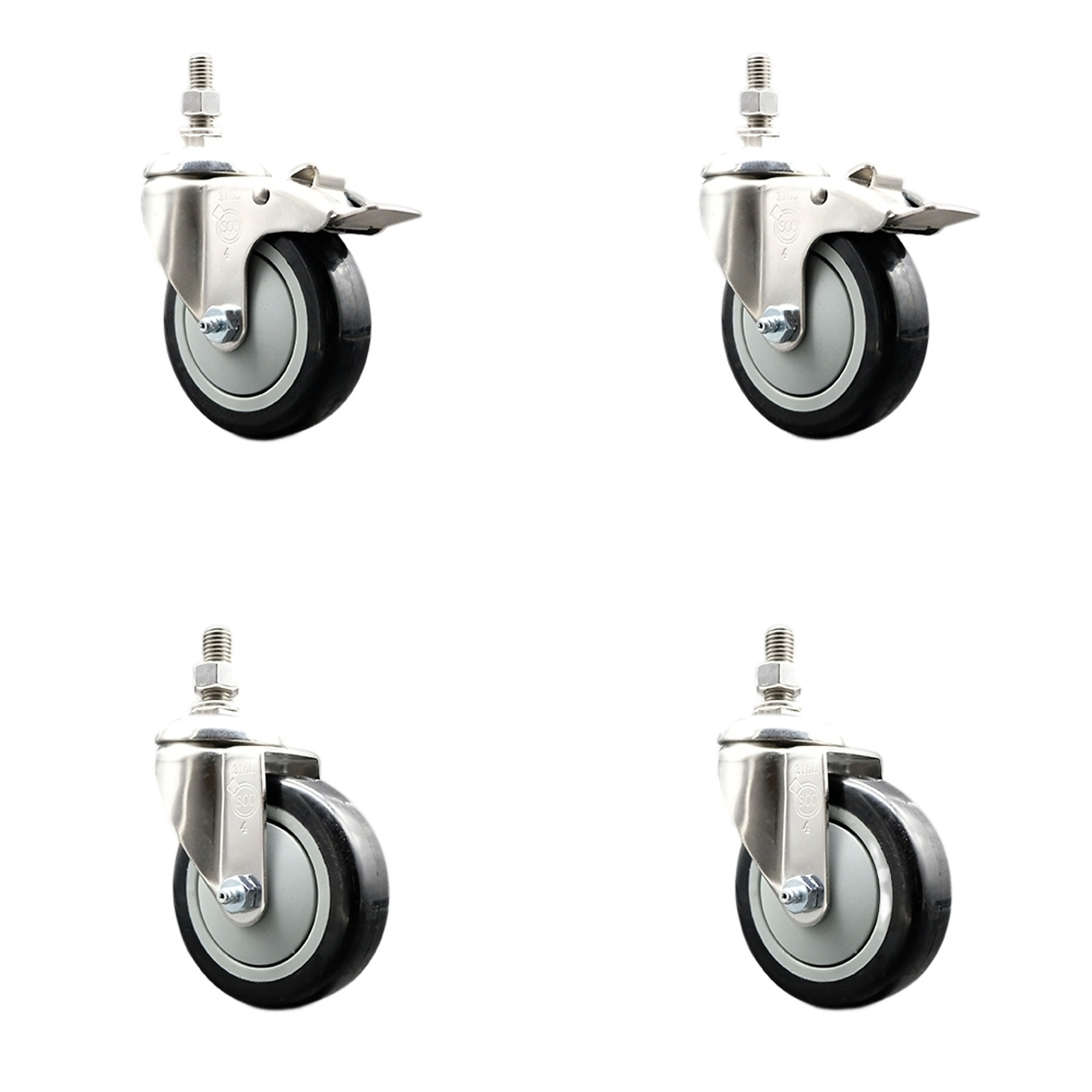 Service Caster, 4Inch x 1 1/4Inch Stem Casters, Wheel Diameter 4 in, Caster Type Swivel, Package (qty.) 4, Model SS316TSTTL20S414-PPUB-BLK-M1215-2-S2