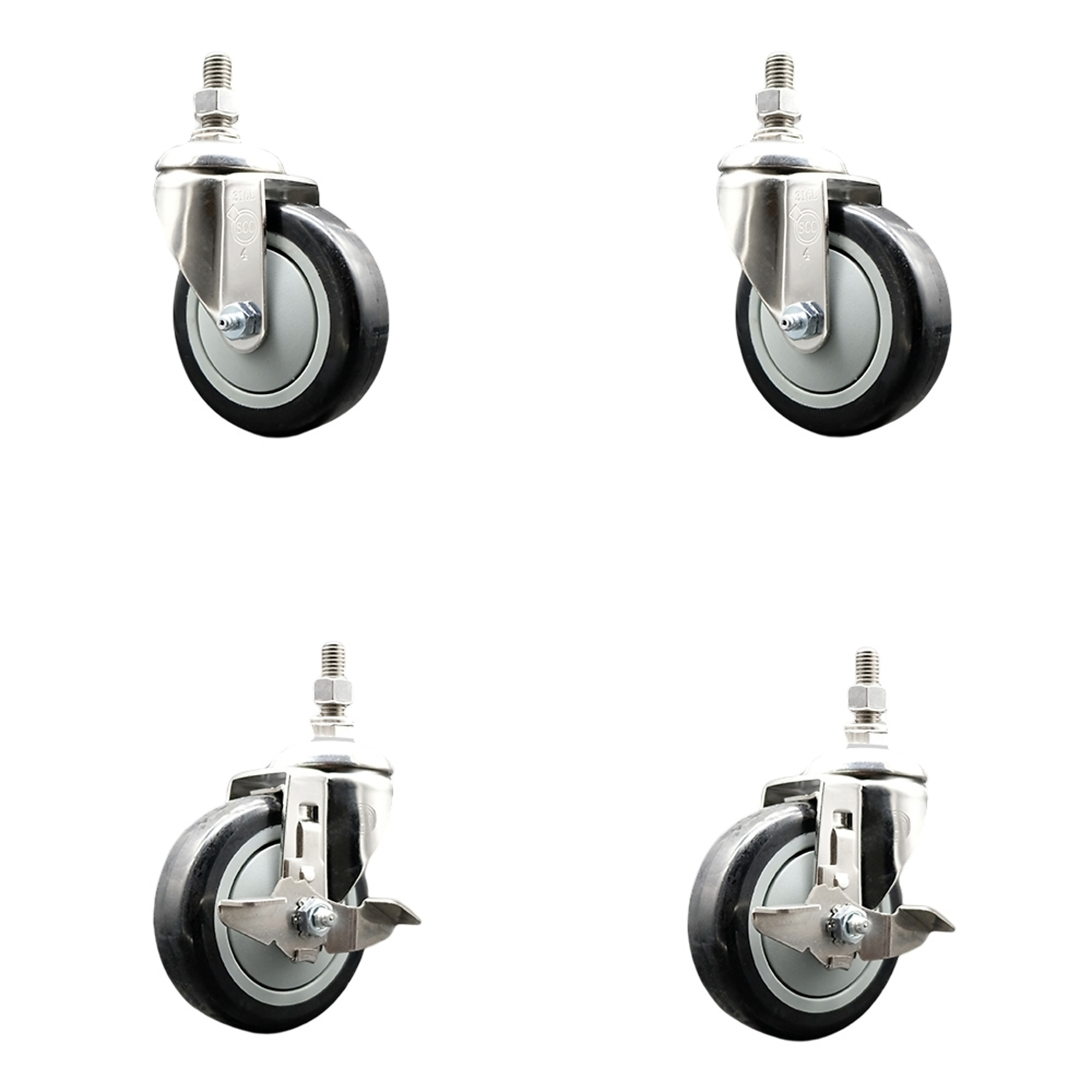 Service Caster, 4Inch x 1 1/4Inch Stem Casters, Wheel Diameter 4 in, Caster Type Swivel, Package (qty.) 4, Model SS316TS20S414-PPUB-BLK-M1215-2-TLB-2