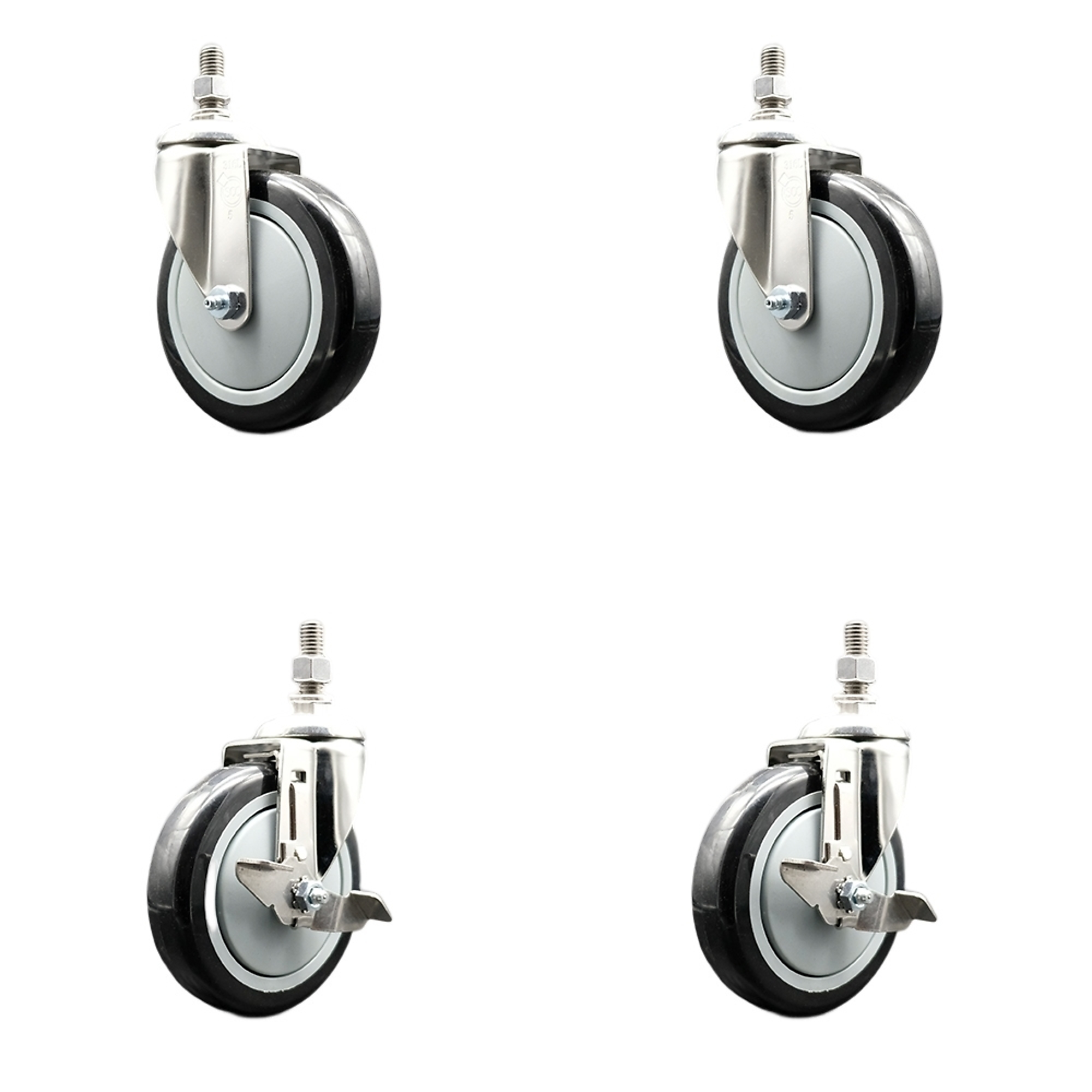 Service Caster, 5Inch x 1 1/4Inch Stem Casters, Wheel Diameter 5 in, Caster Type Swivel, Package (qty.) 4, Model SS316TS20S514-PPUB-BLK-M1215-2-TLB-2