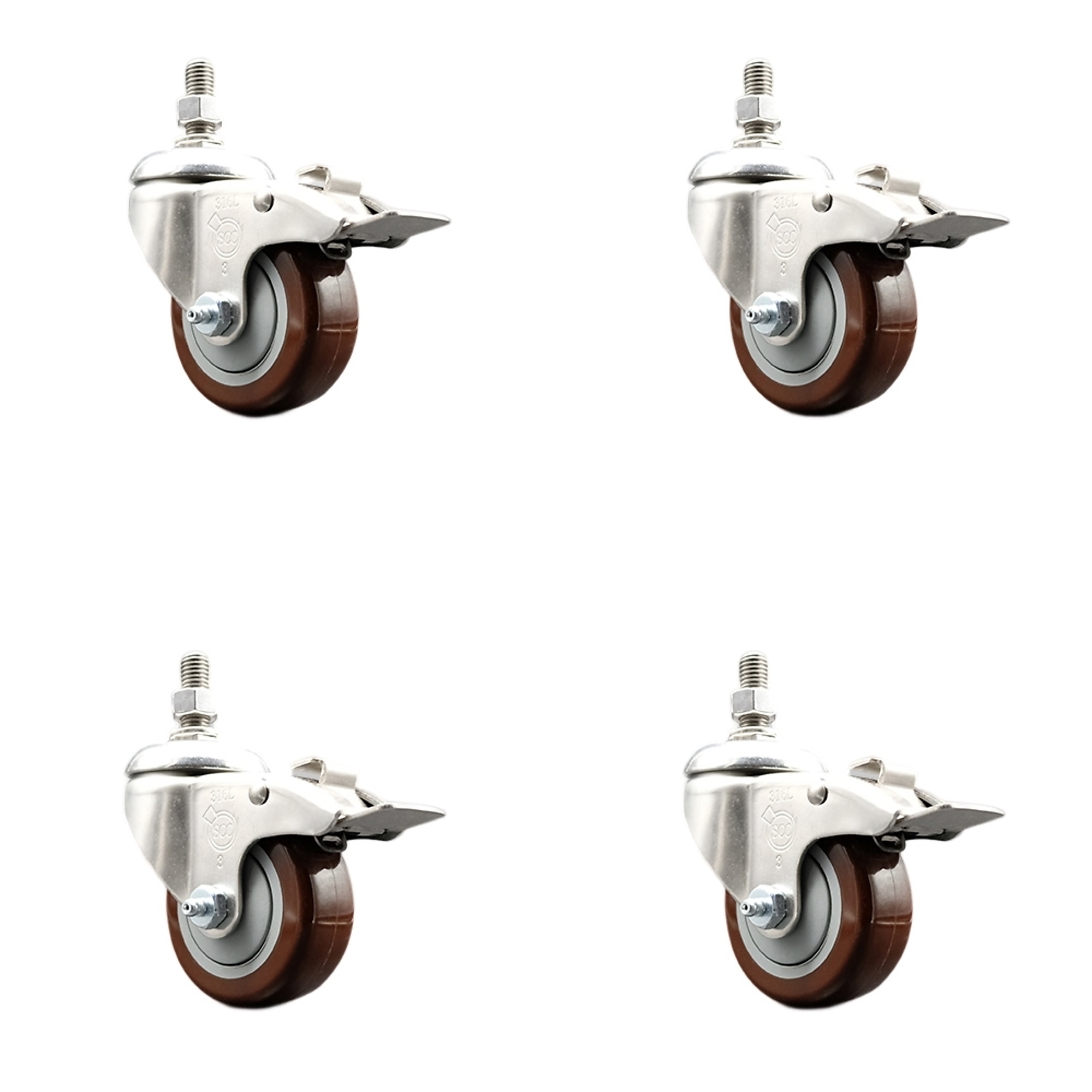 Service Caster, 3Inch x 1 1/4Inch Stem Casters, Wheel Diameter 3 in, Caster Type Swivel, Package (qty.) 4, Model SS316TSTTL20S314-PPUB-MRN-121315-4