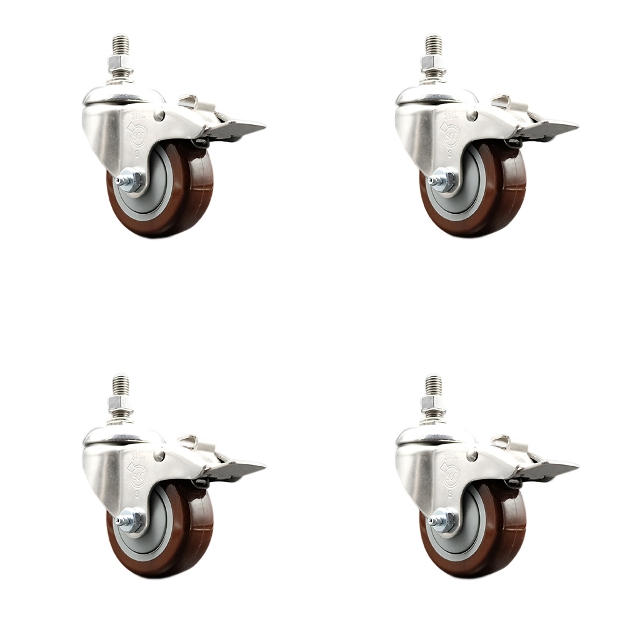 Service Caster, 3Inch x 1 1/4Inch Stem Casters, Wheel Diameter 3 in, Caster Type Swivel, Package (qty.) 4, Model SS316TSTTL20S314-PPUB-MRN-381615-4