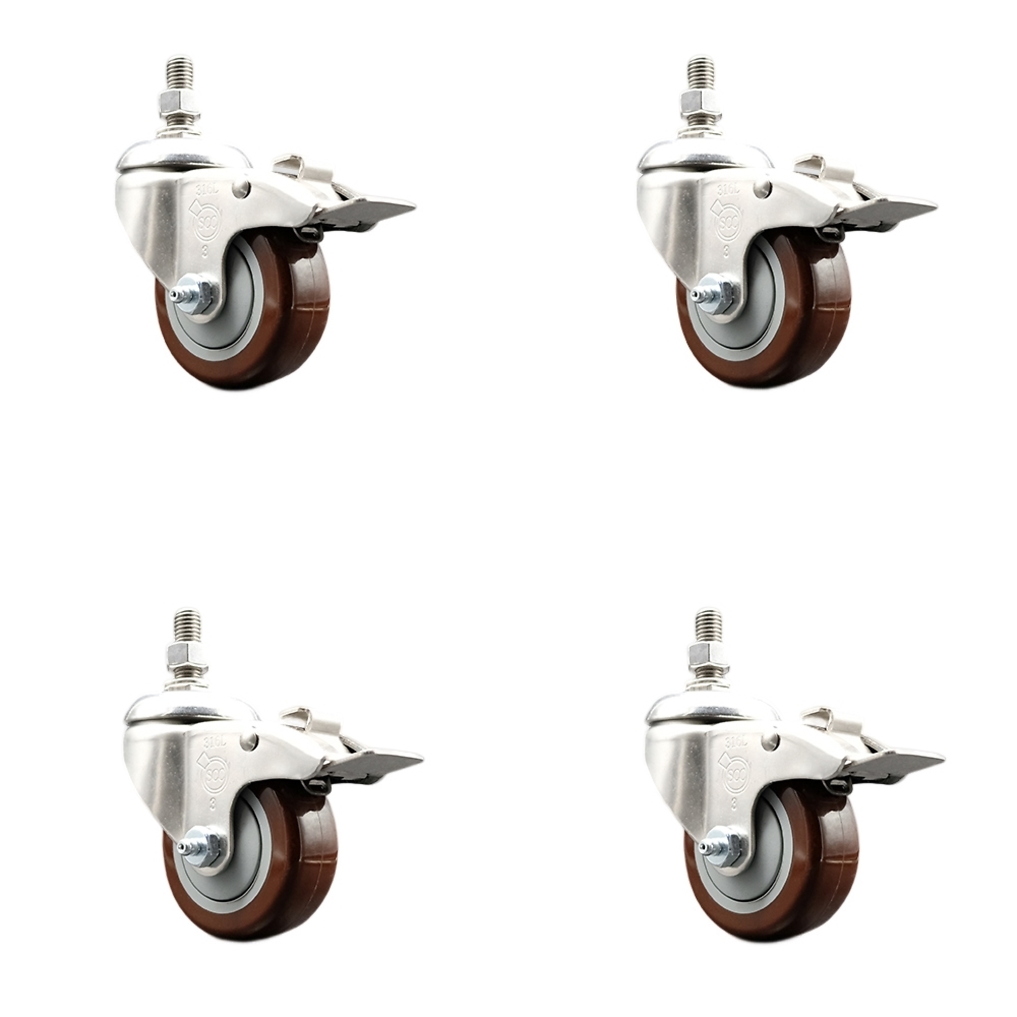 Service Caster, 3Inch x 1 1/4Inch Stem Casters, Wheel Diameter 3 in, Caster Type Swivel, Package (qty.) 4, Model SS316TSTTL20S314-PPUB-MRN-M1015-4