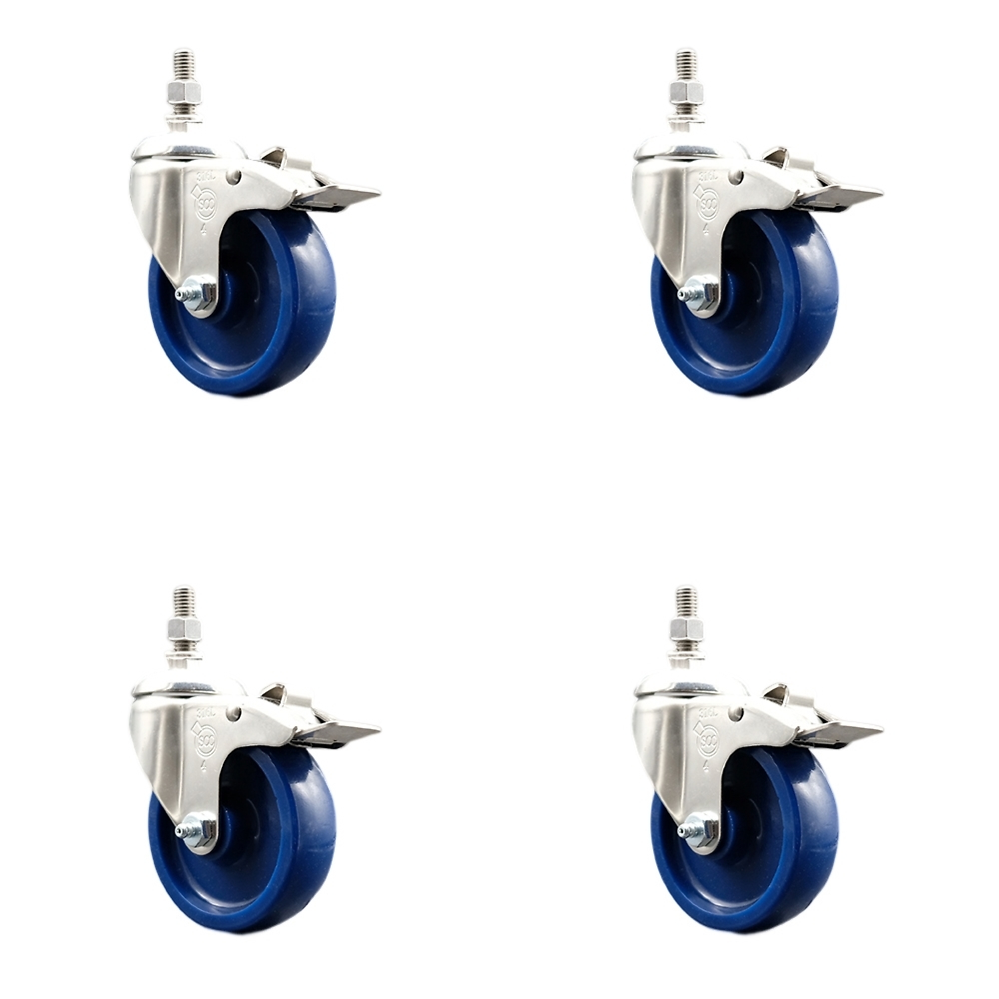 Service Caster, 4Inch x 1 1/4Inch Stem Casters, Wheel Diameter 4 in, Caster Type Swivel, Package (qty.) 4, Model SCC-SS316TSTTL20S414-SPUS-121315-4