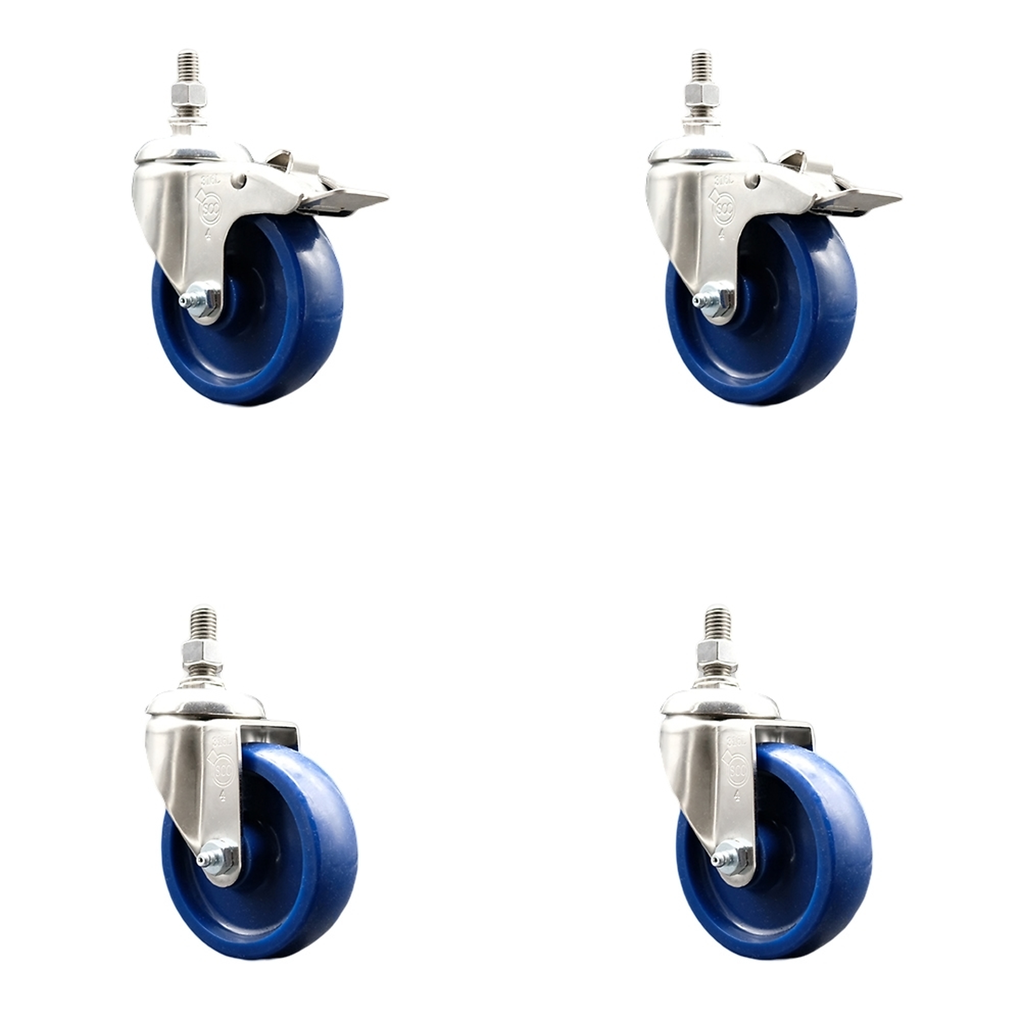 Service Caster, 4Inch x 1 1/4Inch Stem Casters, Wheel Diameter 4 in, Caster Type Swivel, Package (qty.) 4, Model SS316TSTTL20S414-SPUS-121315-2-S2