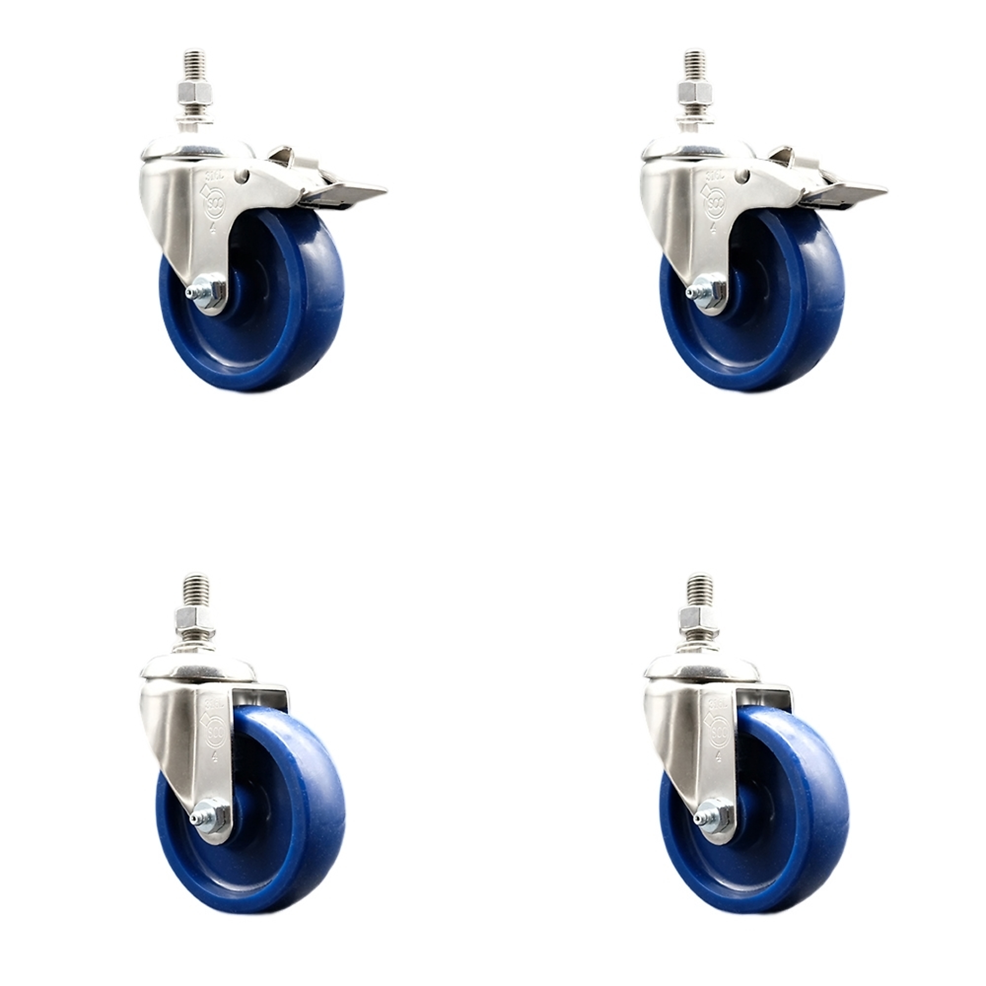 Service Caster, 4Inch x 1 1/4Inch Stem Casters, Wheel Diameter 4 in, Caster Type Swivel, Package (qty.) 4, Model SCC-SS316TSTTL20S414-SPUS-M1215-2-S2