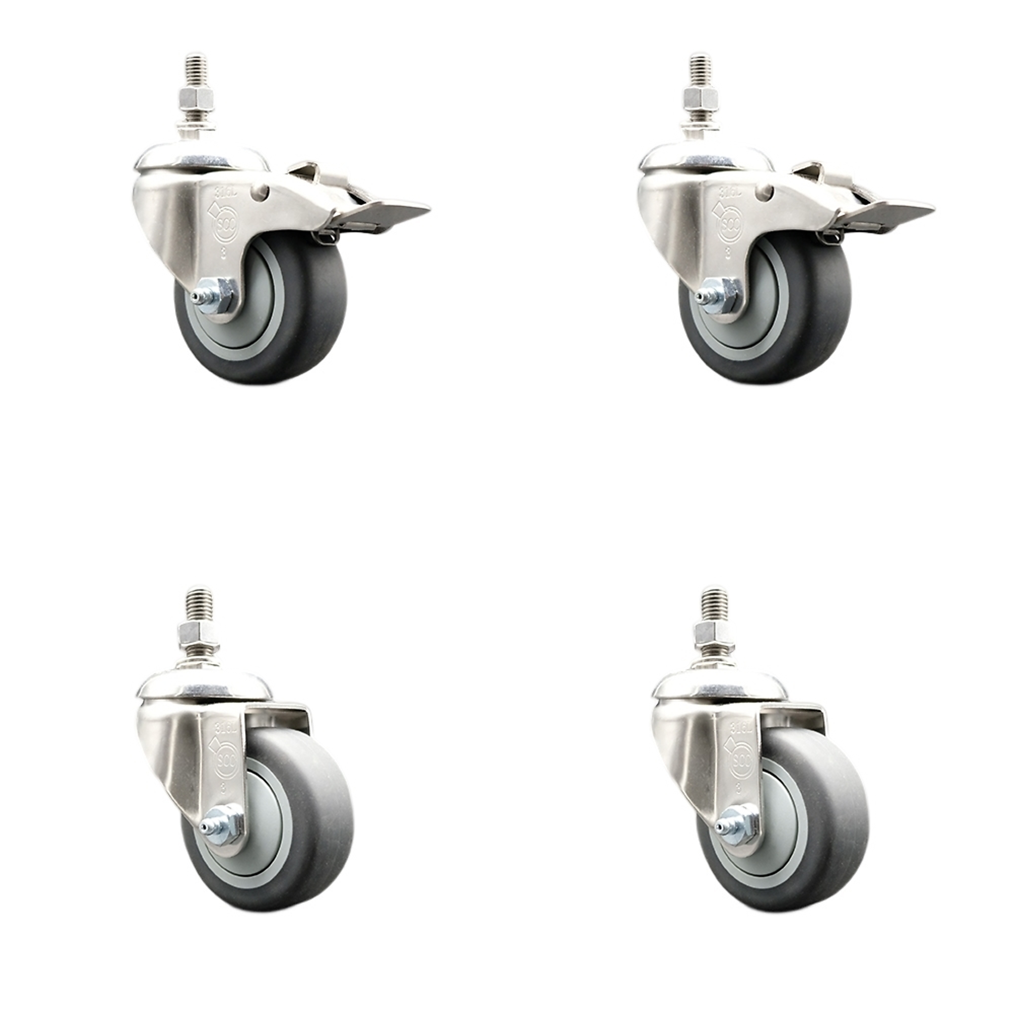 Service Caster, 3Inch x 1 1/4Inch Stem Casters, Wheel Diameter 3 in, Caster Type Swivel, Package (qty.) 4, Model SS316TSTTL20S314-TPRB-121315-2-S2