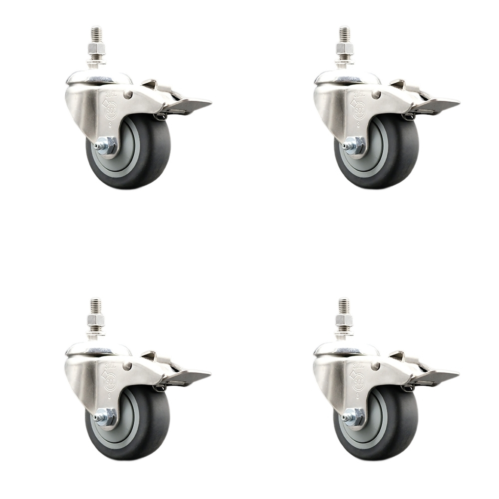 Service Caster, 3Inch x 1 1/4Inch Stem Casters, Wheel Diameter 3 in, Caster Type Swivel, Package (qty.) 4, Model SCC-SS316TSTTL20S314-TPRB-121315-4