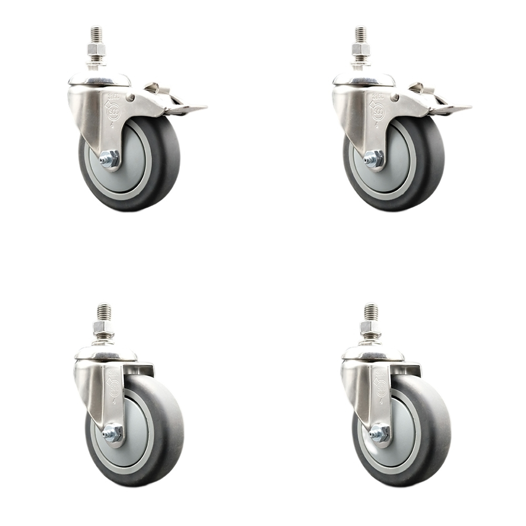 Service Caster, 4Inch x 1 1/4Inch Stem Casters, Wheel Diameter 4 in, Caster Type Swivel, Package (qty.) 4, Model SS316TSTTL20S414-TPRB-121315-2-S2