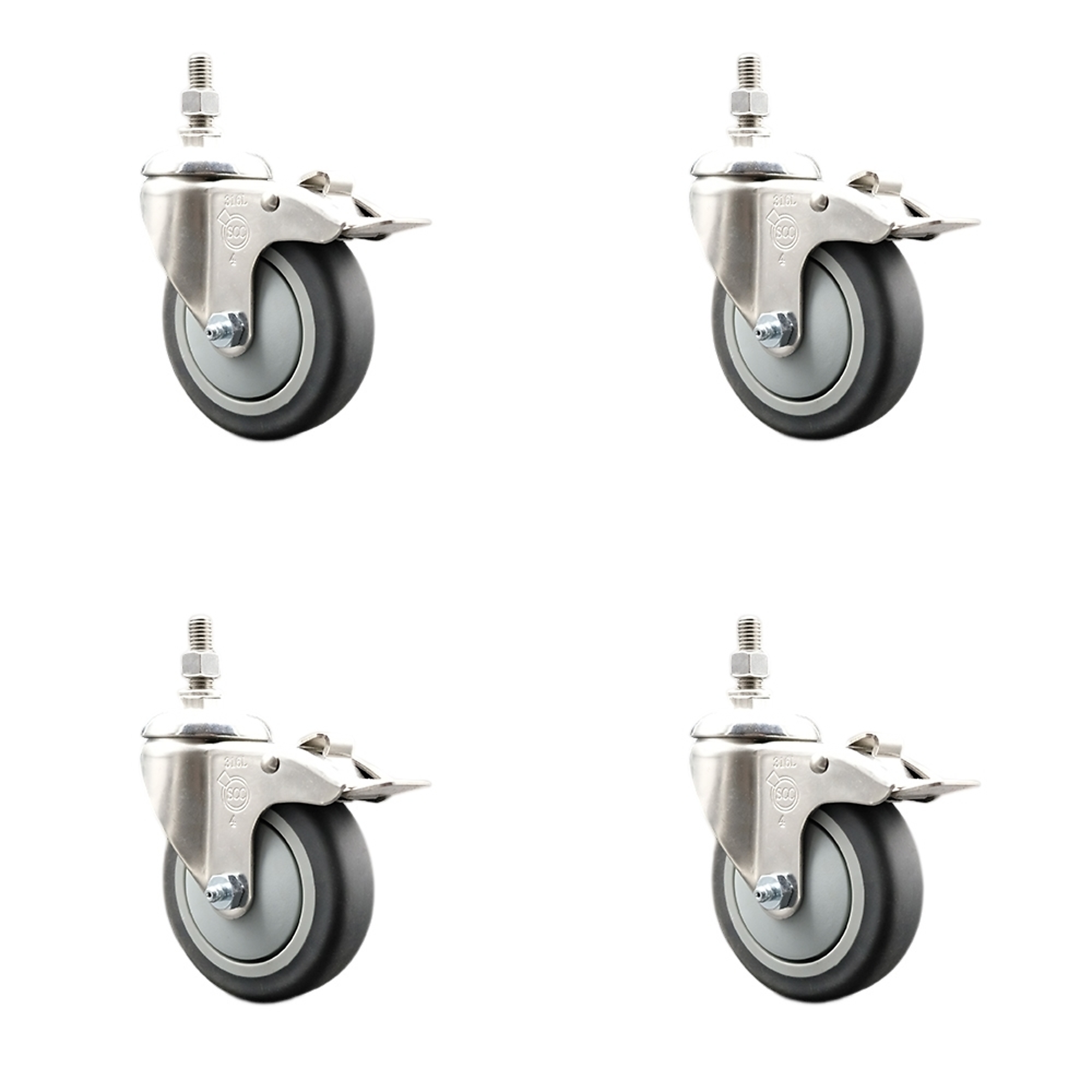 Service Caster, 4Inch x 1 1/4Inch Stem Casters, Wheel Diameter 4 in, Caster Type Swivel, Package (qty.) 4, Model SCC-SS316TSTTL20S414-TPRB-121315-4